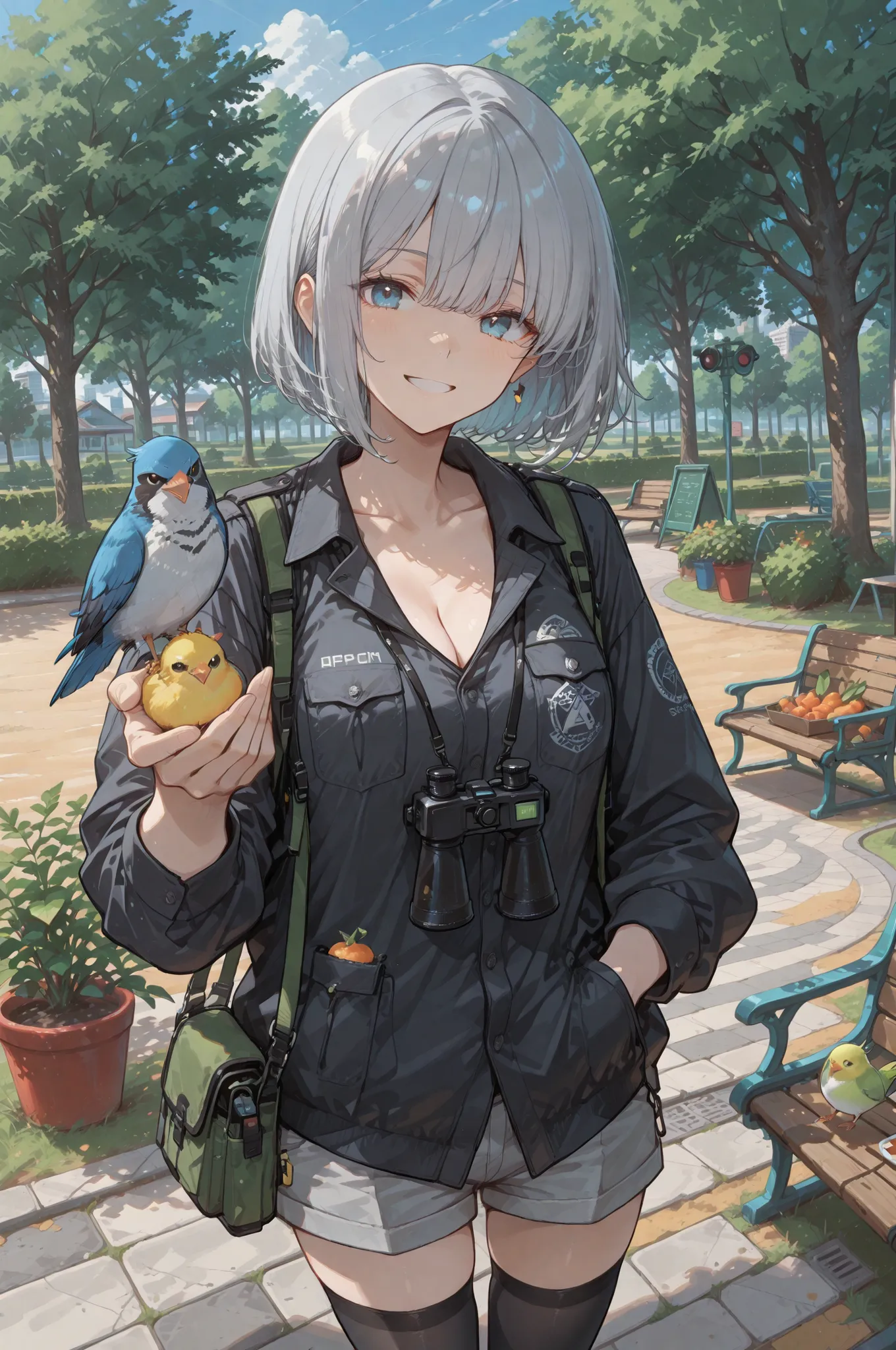 park_pigeon_feeding_schedule_coordinator_scene:
base: masterpiece, anime artwork, score_9_up, 1girl, 20yo Japanese woman, from an angle, upper body shot, detailed flat anime style
BREAK
hair: (silver gray hair:1.3), bob cut with feather texture highl...