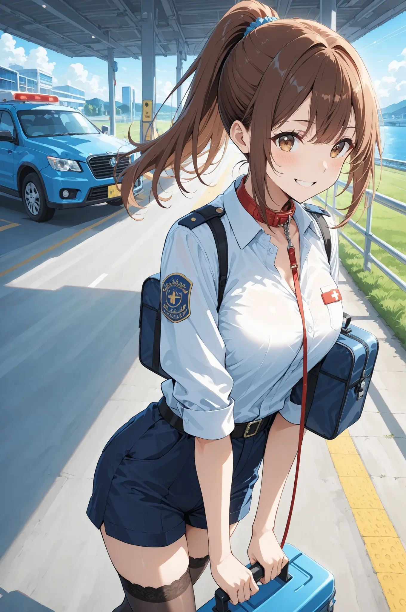 highway_rest_area_dog_walking_service_scene:
  base: masterpiece, anime artwork, score_9_up, 1girl, 20yo Japanese woman, from an angle, upper body shot, detailed flat anime style
  BREAK
  hair: (chestnut brown hair:1.3), ponytail secured with dog-themed h...