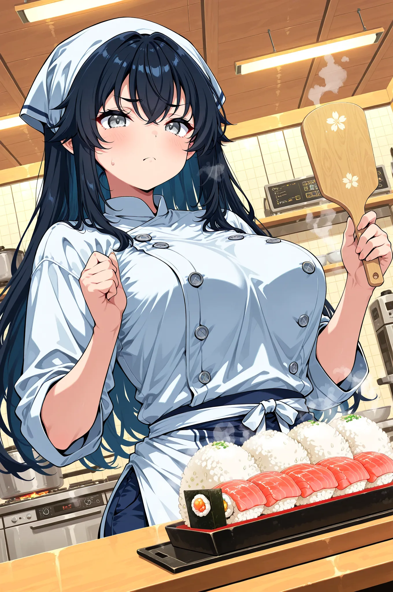 midnight_sushi_rice_ball_formation_specialist_scene:
base: masterpiece, anime artwork, score_9_up, 1girl, 20yo Japanese woman, from an angle, upper body shot, detailed flat anime style
BREAK
hair: (jet black hair:1.3), straight long hair secured with...