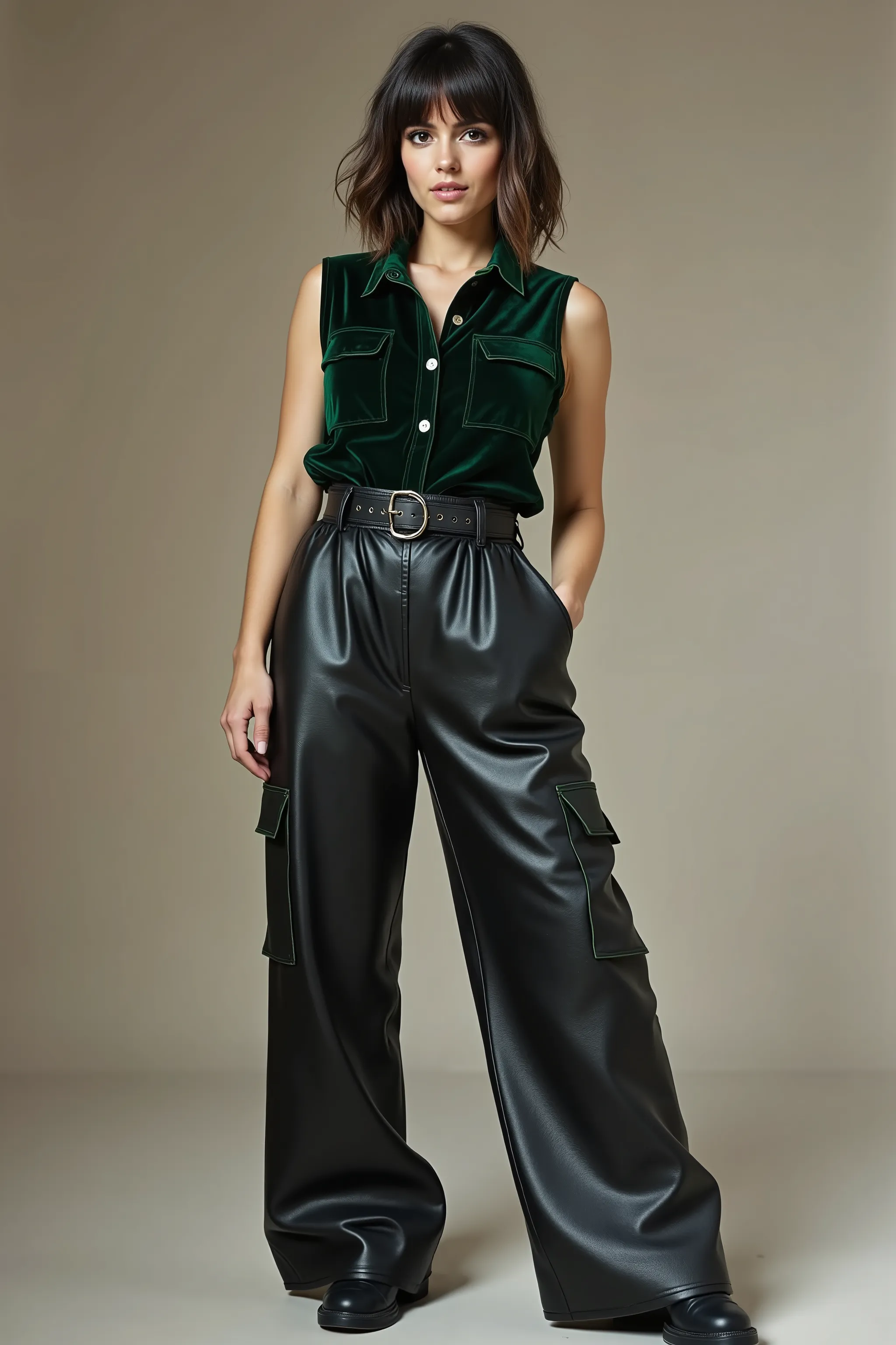 full body image, short brunette woma, 150 centimeter tall, wearing a green velvet sleeveless button down shirt and oversized baggy leather cargo pants with a belt