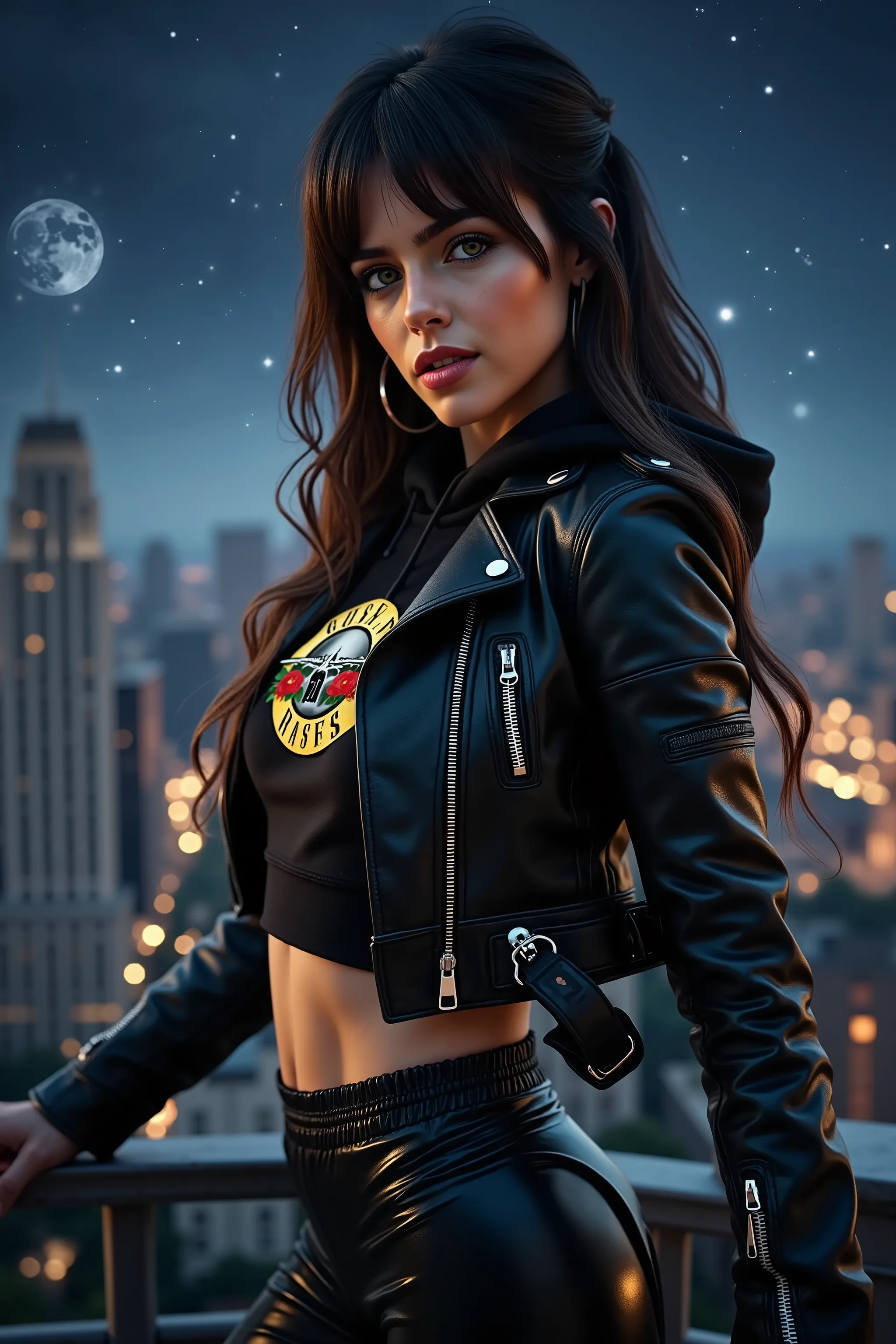 leahr4yv1flx, brunette woman, wearing a cropped leather moto jacket with detailed zippers worn over a Guns & Roses cropped hoodie. The jacket should look glossy and high-quality with light reflections emphasizing its texture, black pvc latex wetlook leggin...