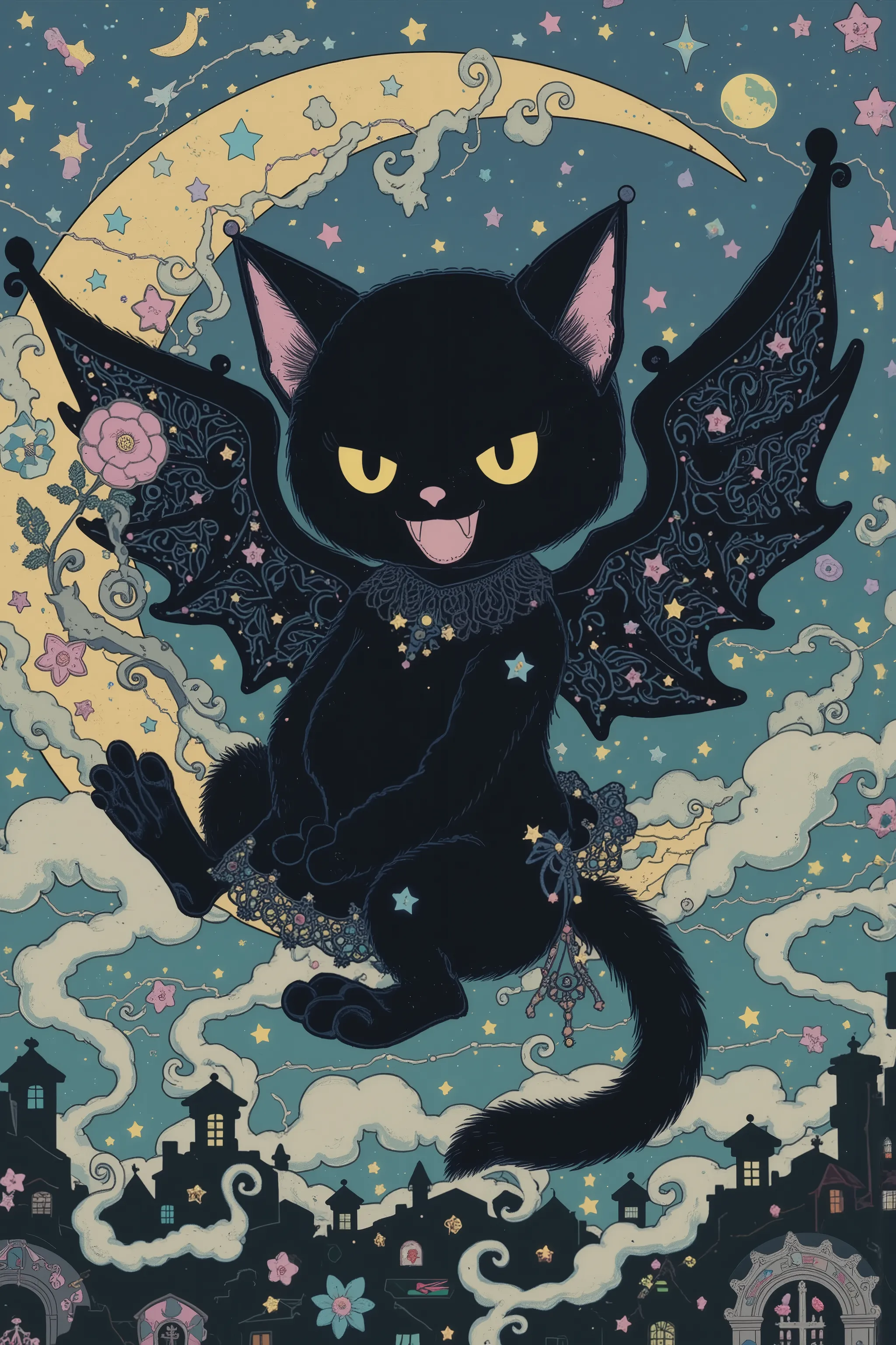 sanrio character,Sanrio Style,dynamic pose,dynamic angle,((black cat,deamon wing)), fantasy,evil and cute,moon,starry sky,vicgoth,renaissance style painting