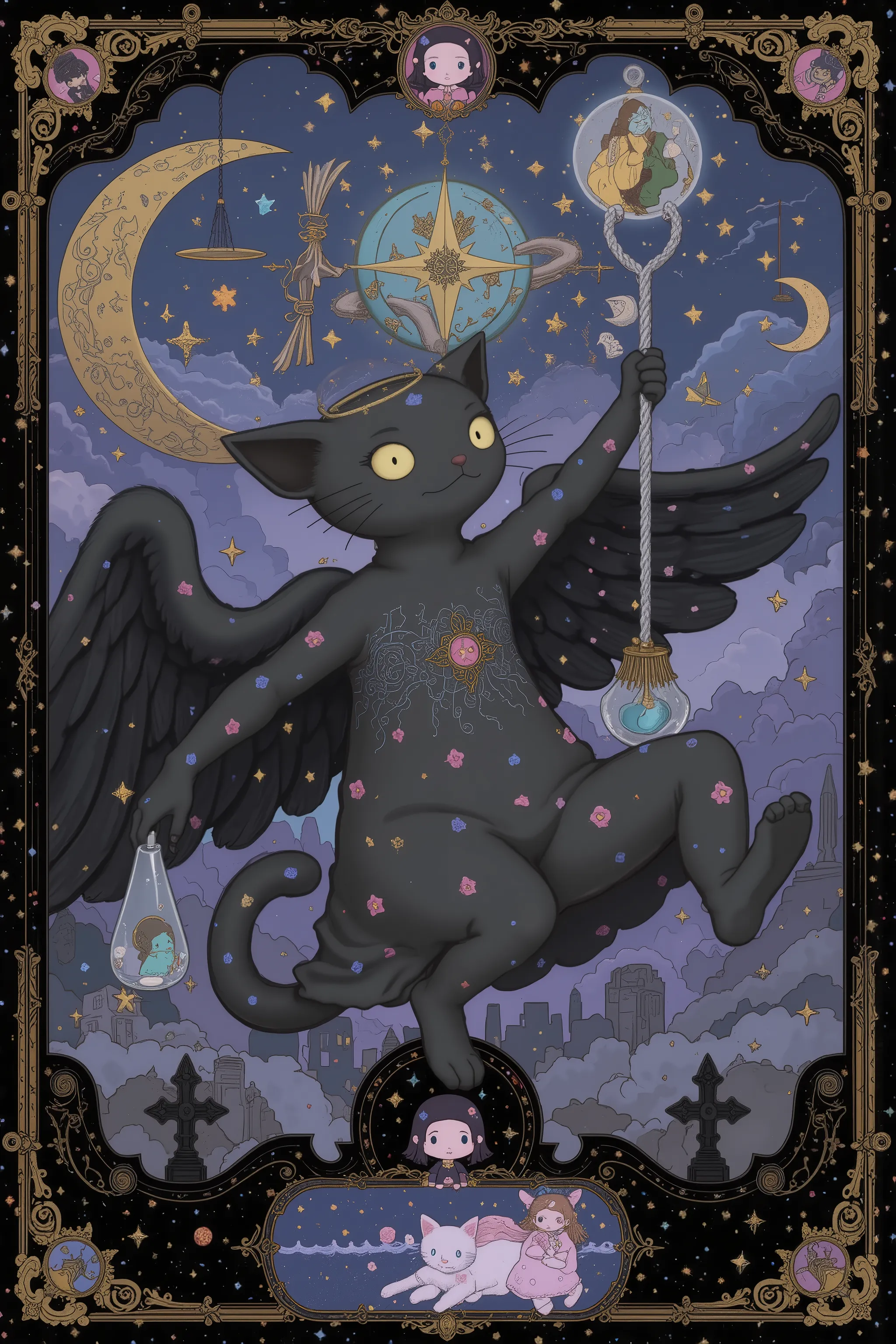 sanrio character,Sanrio Style,dynamic pose,dynamic angle,((black cat,deamon wing)), fantasy,evil and cute,moon,starry sky,vicgoth,renaissance style painting