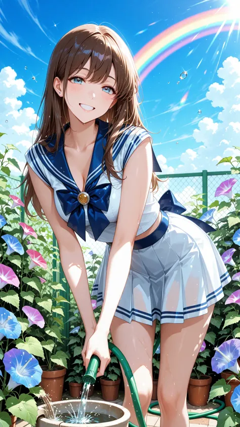 top quality, masterpiece, like the picture, 1 high school girl, sailor suit, Morning garden work, watering with a hose, fresh smile, Morning Glory, small rainbow, Clear Water Drops, Summer Sun, Blue Sky