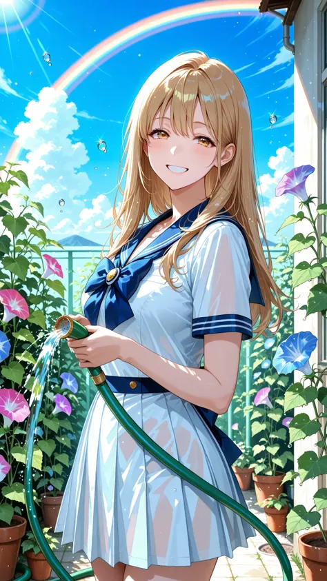 top quality, masterpiece, like the picture, 1 high school girl, sailor suit, Morning garden work, watering with a hose, fresh smile, Morning Glory, small rainbow, Clear Water Drops, Summer Sun, Blue Sky