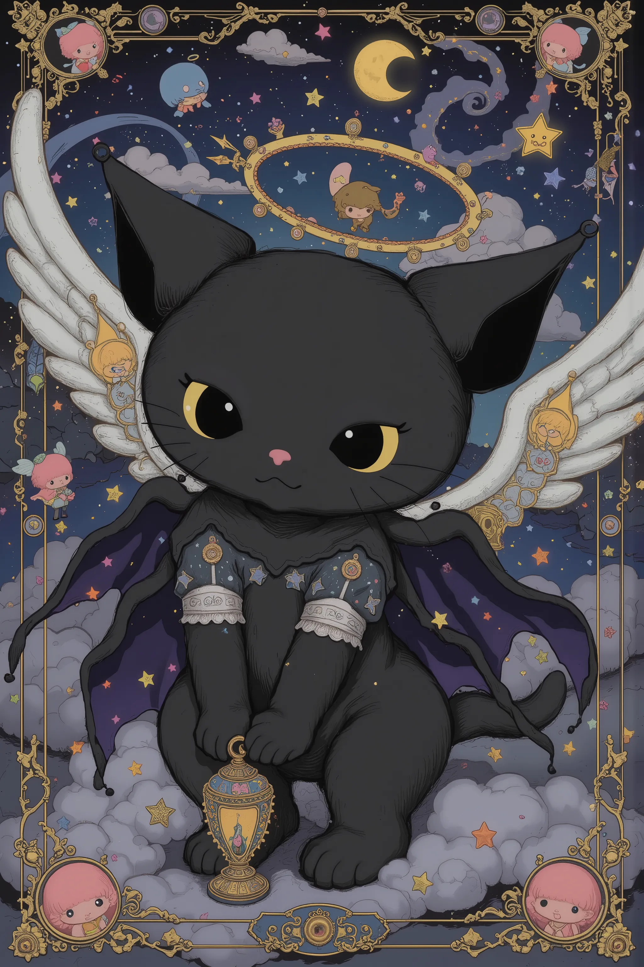 sanrio character,Sanrio Style,dynamic pose,dynamic angle,((black cat,deamon wing)), fantasy,evil and cute,moon,starry sky,vicgoth,renaissance style painting