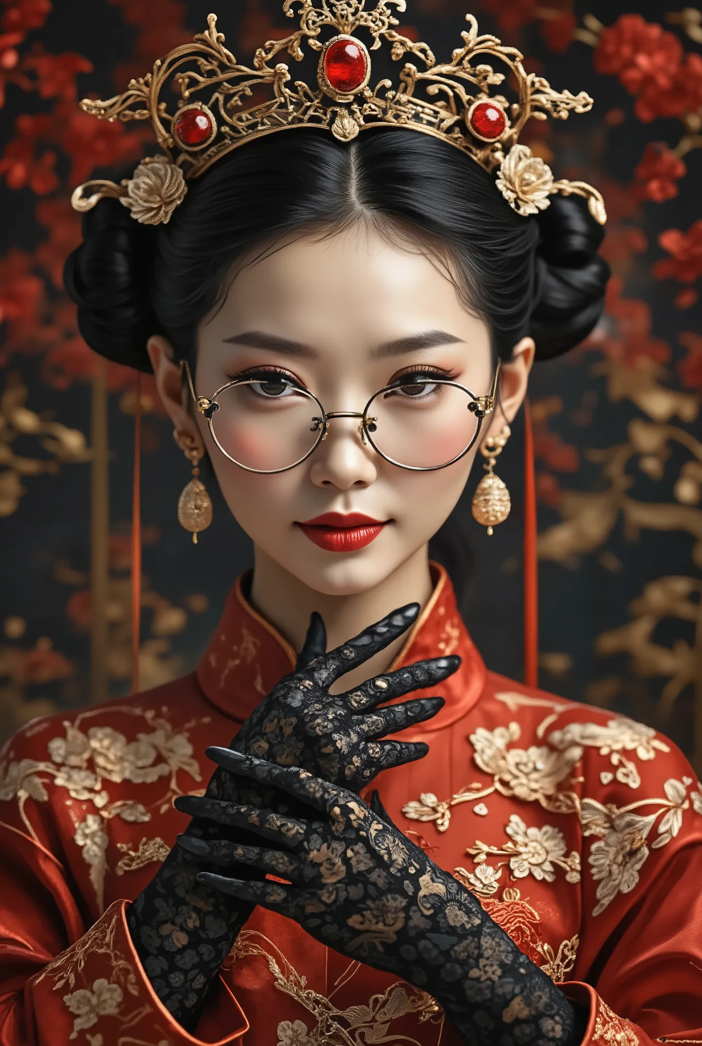((high quality)), ((high quality, masterpiece, high sensitivity, high resolution, detailed description, delicate facial description)), ((Slender Asian woman, wearing glasses)), Red Queen, ruby crown, red black, black lace gloves, Chinese style background
