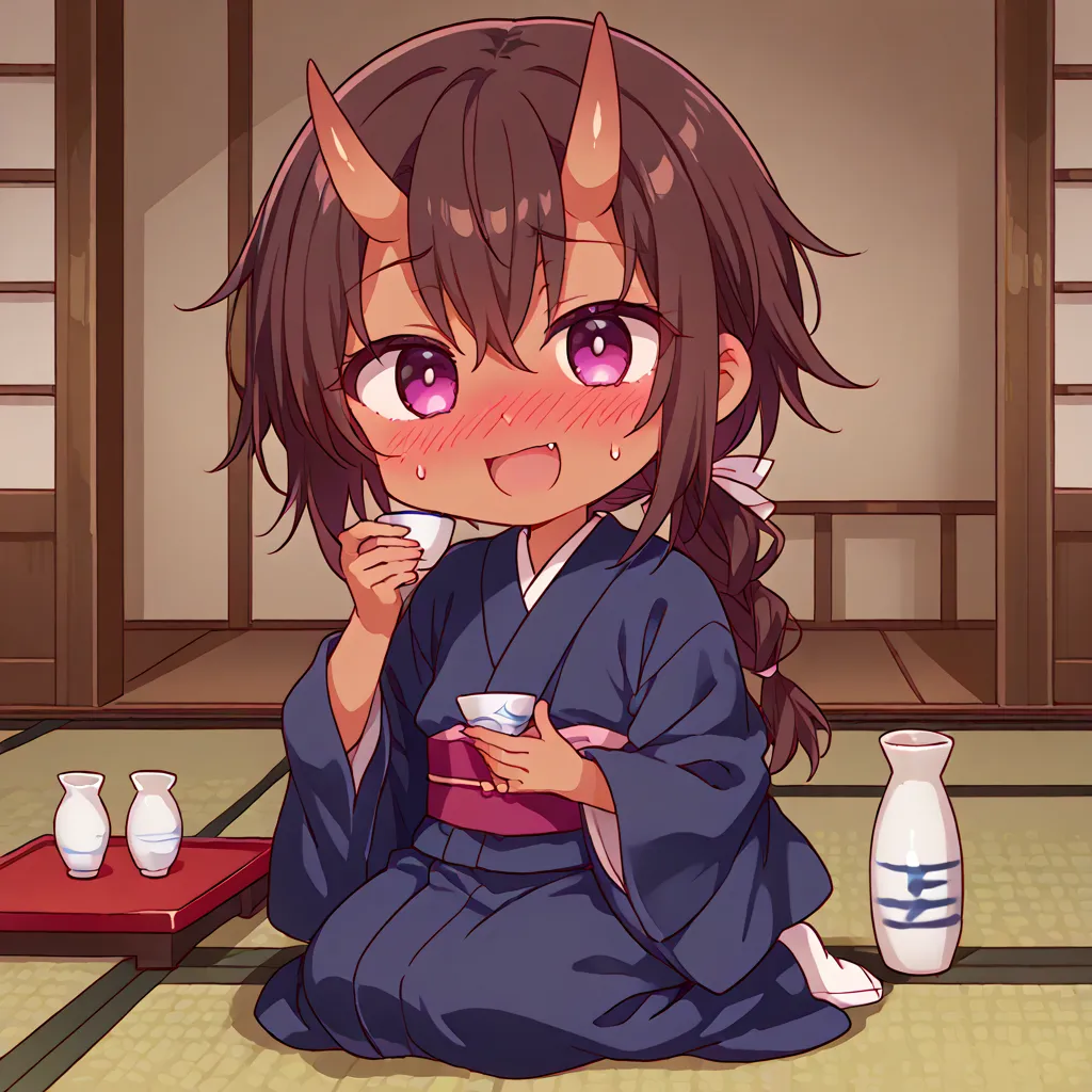 (Chibi cute), 1 boy, solo,, ((otoko no ko)),, oni horns, two horns, low ponytail, braided ponytail, brown skin, kimono, sake cup, sake cup in one hand, blushing, drunk face, dissatisfied face, looking at the viewer, kimono, casually dressed,, Japanese-style room, sitting,