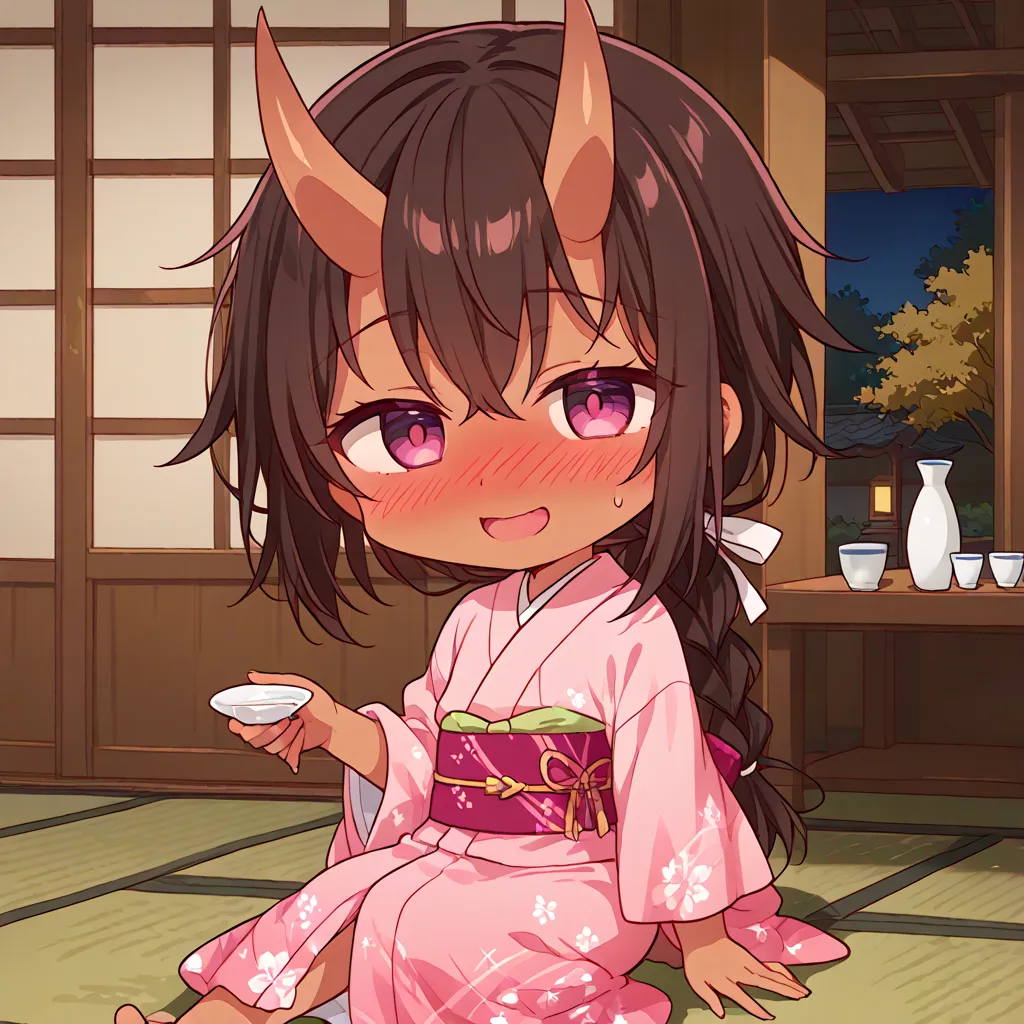 (Chibi cute), 1 boy, solo,, ((otoko no ko)),, oni horns, two horns, low ponytail, braided ponytail, brown skin, kimono, sake cup, sake cup in one hand, blushing, drunk face, dissatisfied face, looking at the viewer, kimono, casually dressed,, Japanese-style room, sitting,