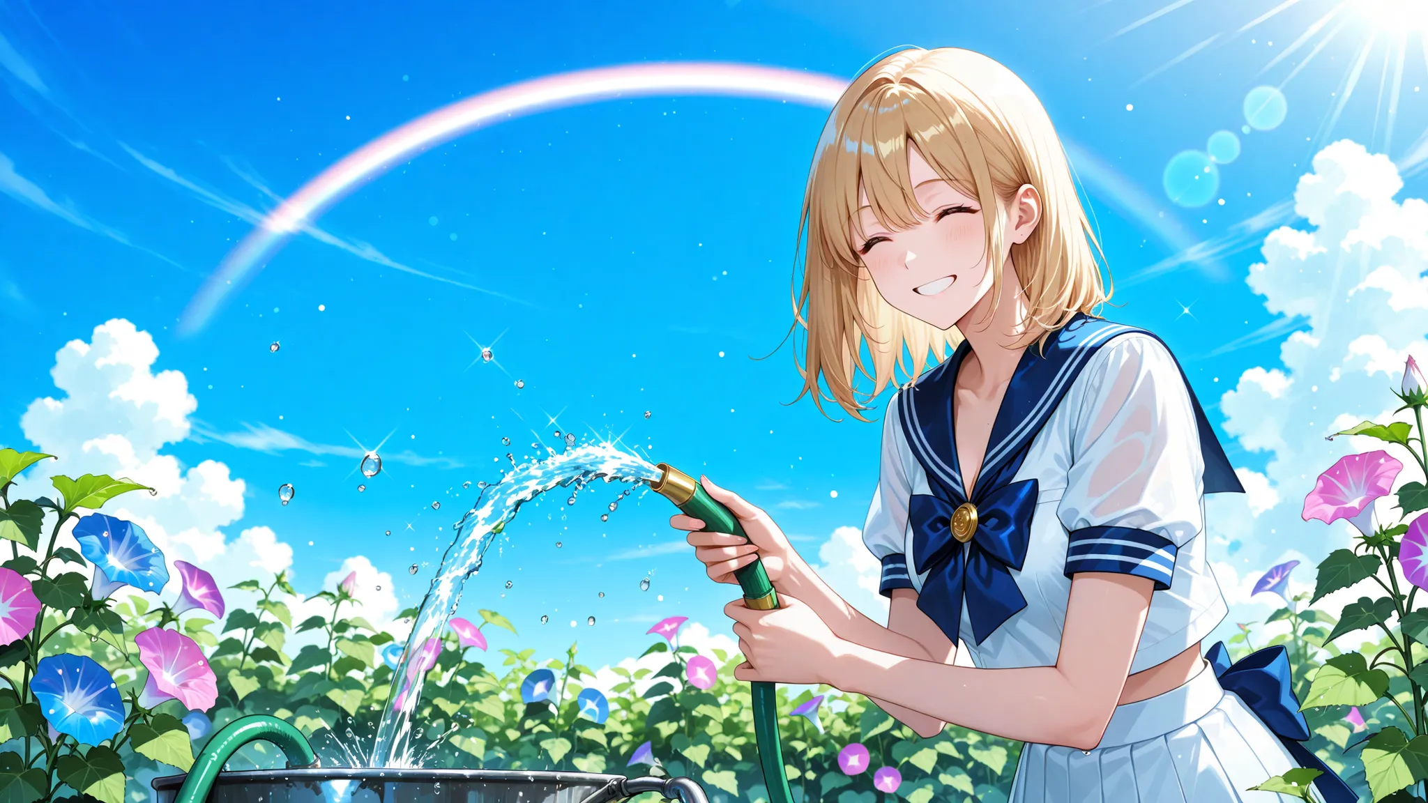 top quality, masterpiece, like the picture, 1 high school girl, sailor suit, Morning garden work, watering with a hose, fresh smile, Morning Glory, small rainbow, Clear Water Drops, Summer Sun, Blue Sky