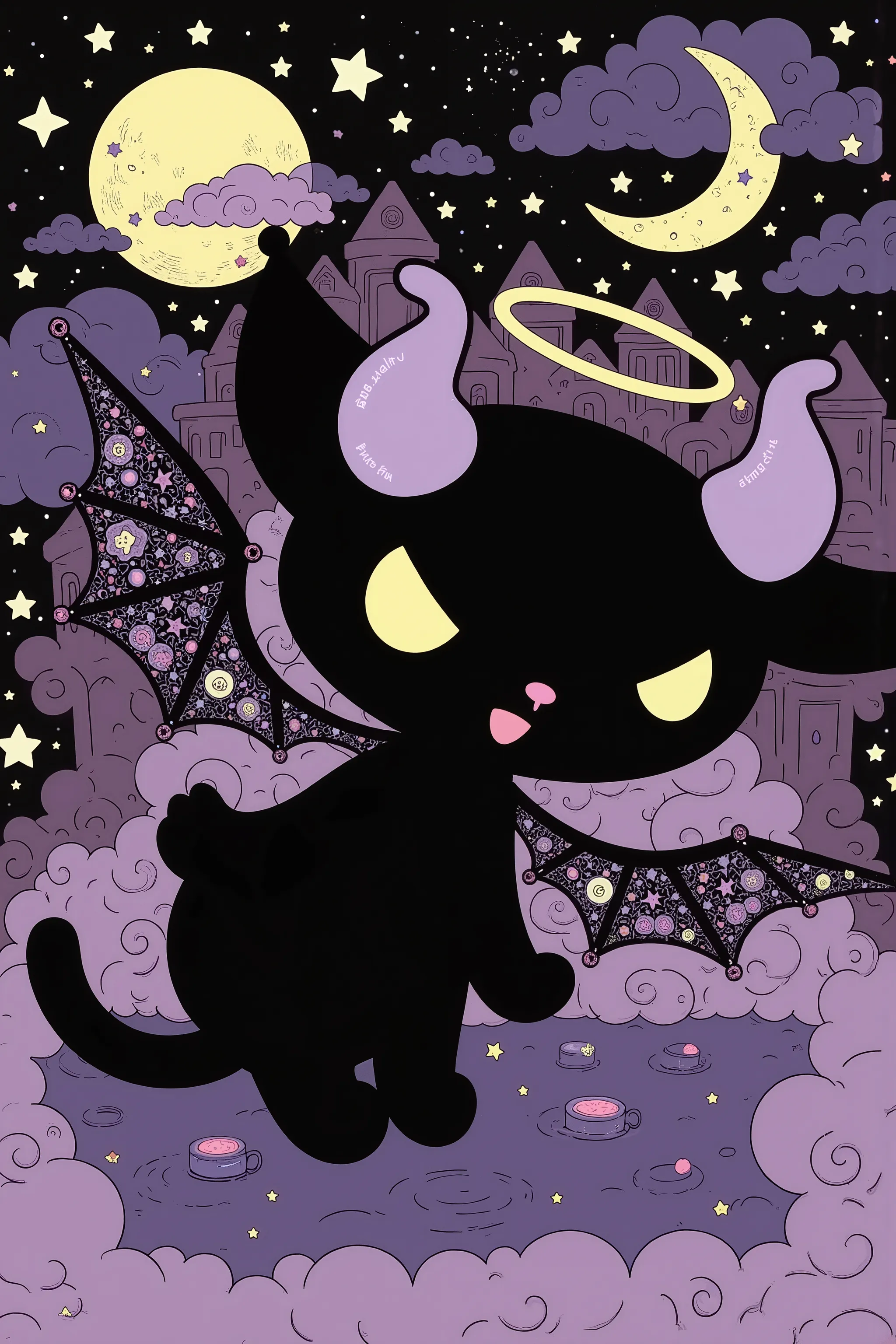 sanrio character,Sanrio Style,dynamic pose,dynamic angle,((black cat,deamon wing)), fantasy,evil and cute,moon,starry sky,vicgoth,renaissance style painting