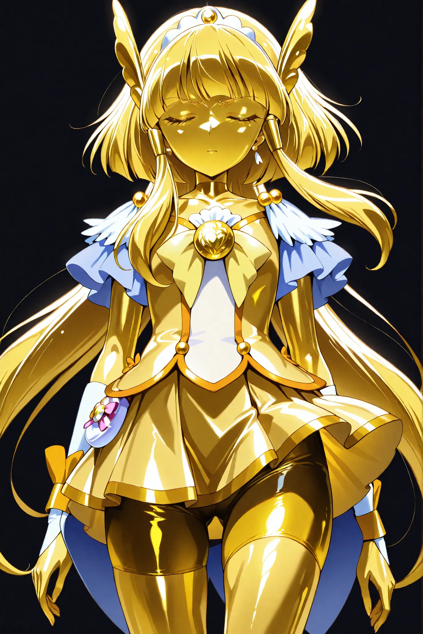 cure beauty, masterpiece, best quality, Newest, very high definition, closed eyes, yellow hair,  yellow sclera, closed mouth, No students, Yellow skin, shiny skin,  metal skin, Black eyebrows, 1girl, solo, cowboy shot, standing, dynamic, watching viewers, ...