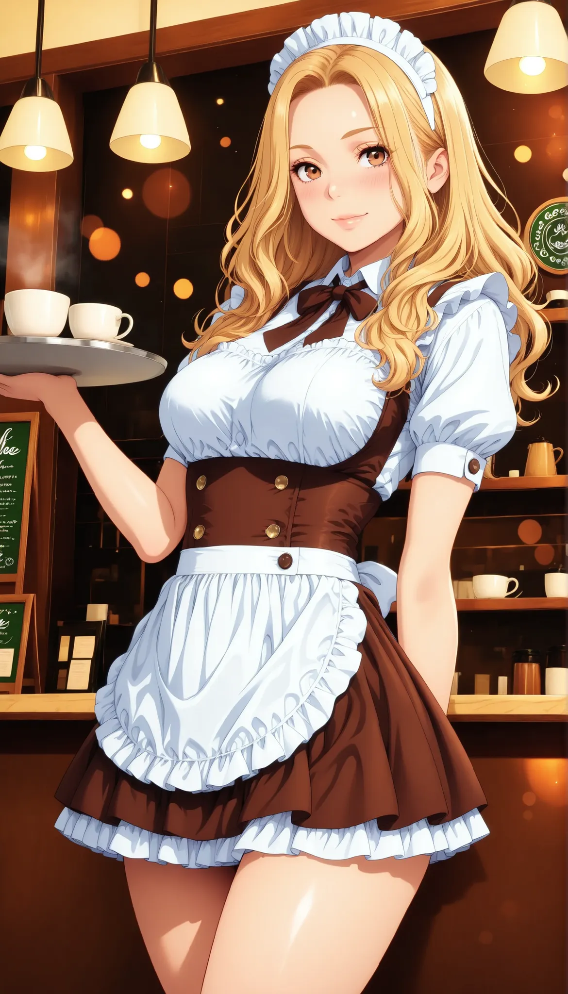 Semi realistic, solo, Maid Outfit, Standing Pose, low angle, Hold the coffee on the tray, ((cafe, Inside the coffee shop)), (フリル付きMaid Outfit, miniskirt), Smile Yan, 優しいSmile Yan, attractive eyes, glossy skin, Behaving Gracefully, Fine Gloss, parted 唇, blo...