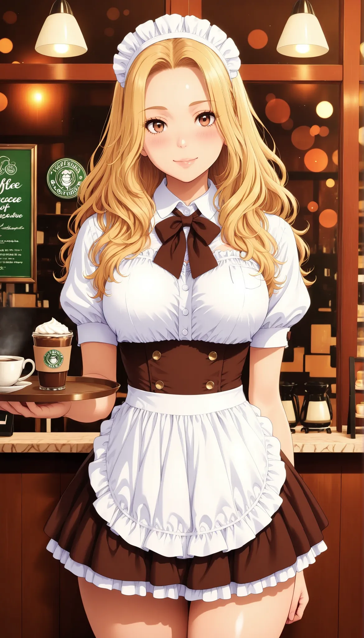 Semi realistic, solo, Maid Outfit, Standing Pose, low angle, Hold the coffee on the tray, ((cafe, Inside the coffee shop)), (フリル付きMaid Outfit, miniskirt), Smile Yan, 優しいSmile Yan, attractive eyes, glossy skin, Behaving Gracefully, Fine Gloss, parted 唇, blo...