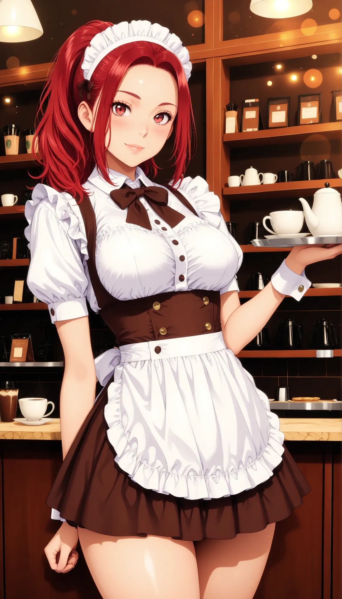 Semi realistic, solo, Maid Outfit, Standing Pose, low angle, Hold the coffee on the tray, ((cafe, Inside the coffee shop)), (フリル付きMaid Outfit, miniskirt), Smile Yan, 優しいSmile Yan, attractive eyes, glossy skin, Behaving Gracefully, Fine Gloss, parted 唇, Red...