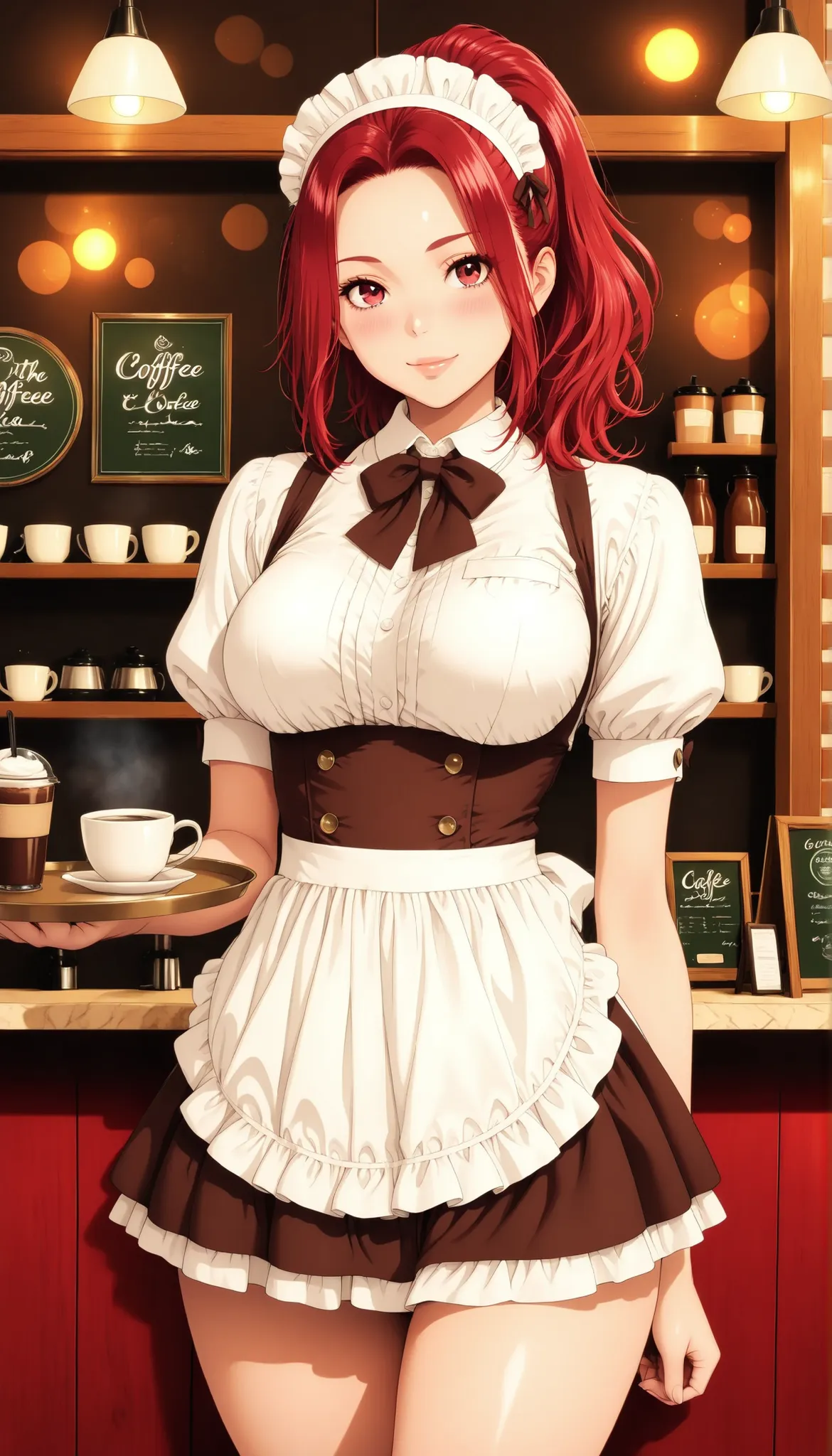 Semi realistic, solo, Maid Outfit, Standing Pose, low angle, Hold the coffee on the tray, ((cafe, Inside the coffee shop)), (フリル付きMaid Outfit, miniskirt), Smile Yan, 優しいSmile Yan, attractive eyes, glossy skin, Behaving Gracefully, Fine Gloss, parted 唇, Red...
