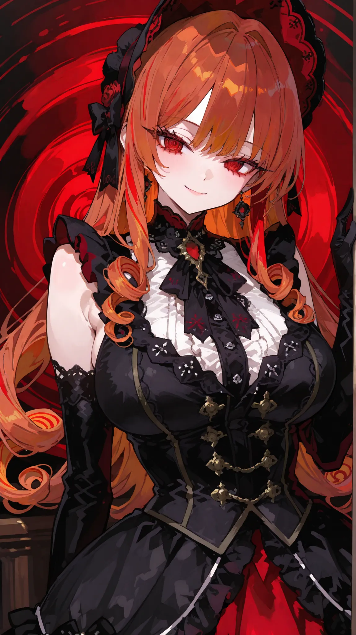 girl,Dark Orange Hair ,in red eyes,Red Highlight Hair ,Spiral Hair,Milf,Big Breasts,slim,good figure,cute,smile,Long Eyelashes,GOTHIC LOLITA DRESS,with black gloves,Long gloves,Sleeveless suit,Black suit,Chopped Blouse in White,long hair,