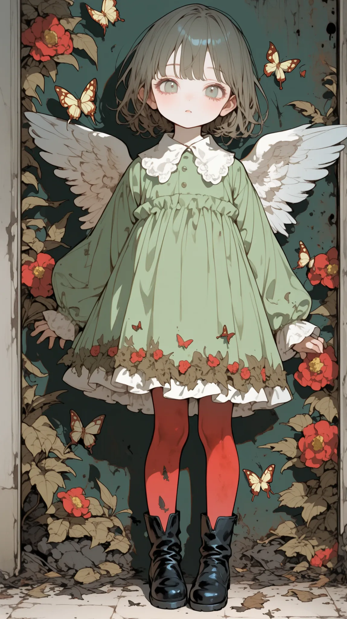 angel, wing、
thin, long legged kindergarten child,Butterflies on background,burnt feathers and ash、little boy who is cm tall、green dress、red floral tights、black boots、Emphasize thinness ,