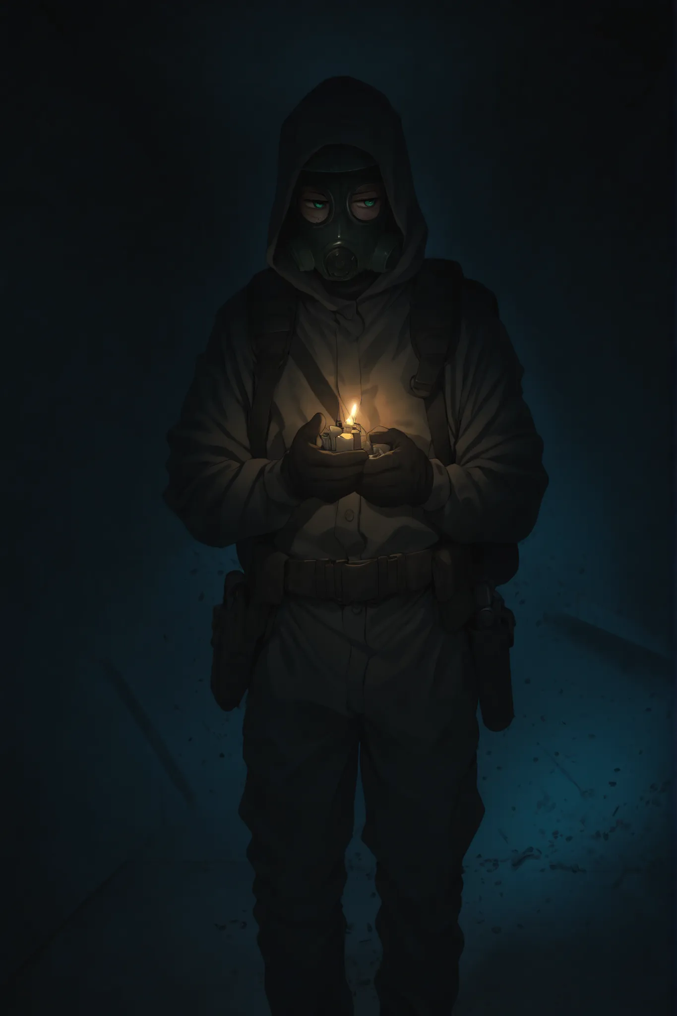 1boy, S10 gasmask, gasmask, (dark), ozk, murky-orange ozk suit, fully covered, green eyes, covered head, covered face, military backpack, black backpack, ((calm)), half-closed eyes, concerned, small iris, hood up, flashlight, gun holster, gun holster on hi...