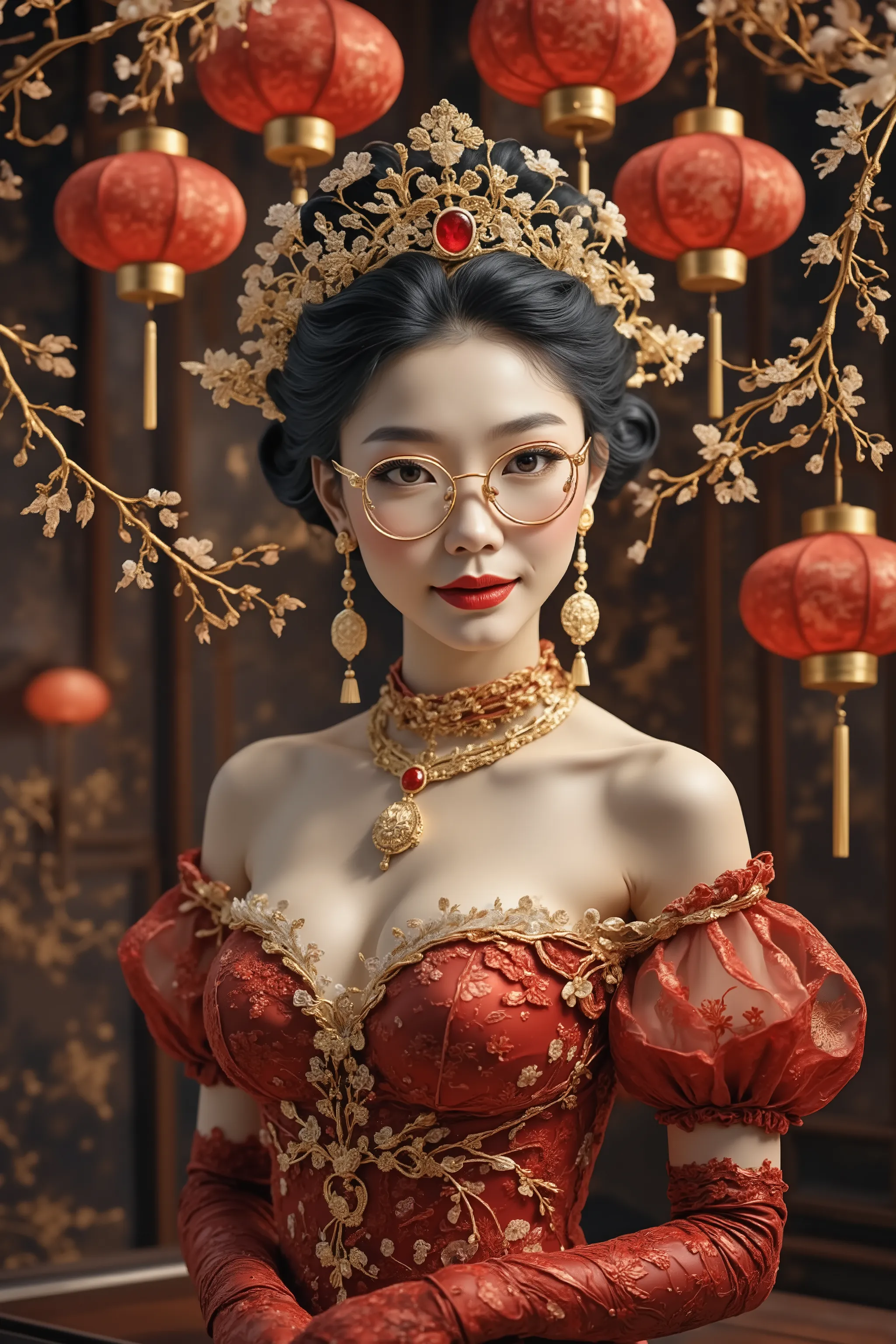 ((high quality)), ((high quality, masterpiece, high sensitivity, high resolution, detailed description, delicate facial description)), ((Slender Asian woman, wearing glasses)), Red Queen, ruby crown, red black, black lace gloves, Chinese style background