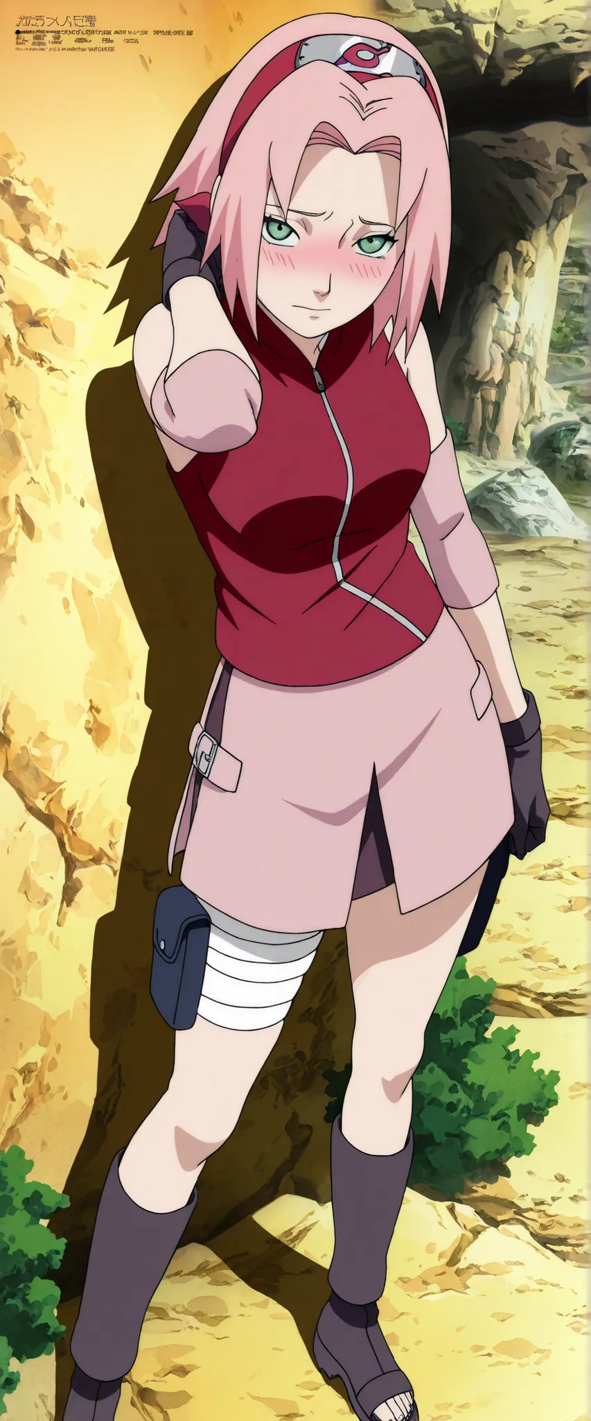 1girl,haruno sakura  Seductive pose,anime,anime coloring,intricate details,masterpiece,best quality,  BREAK pink hair, short hair, red hairband, green eyes, parted bangs, BREAK red sleeveless minidress, zipper, pink miniskirt, bandaged thigh, BREAK medium ...
