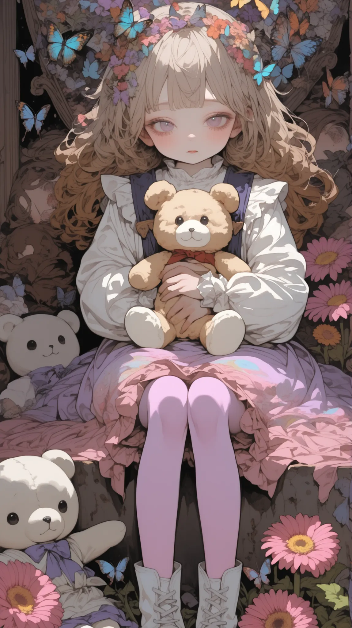  holding a big brown stuffed animal。the character gently hugs the stuffed animal、gerbera、angel, wing、detailed face、thin, long legged kindergarten child,Butterflies on background,burnt feathers and ash、little boy who is cm tall、pink tights、white boots、angel...