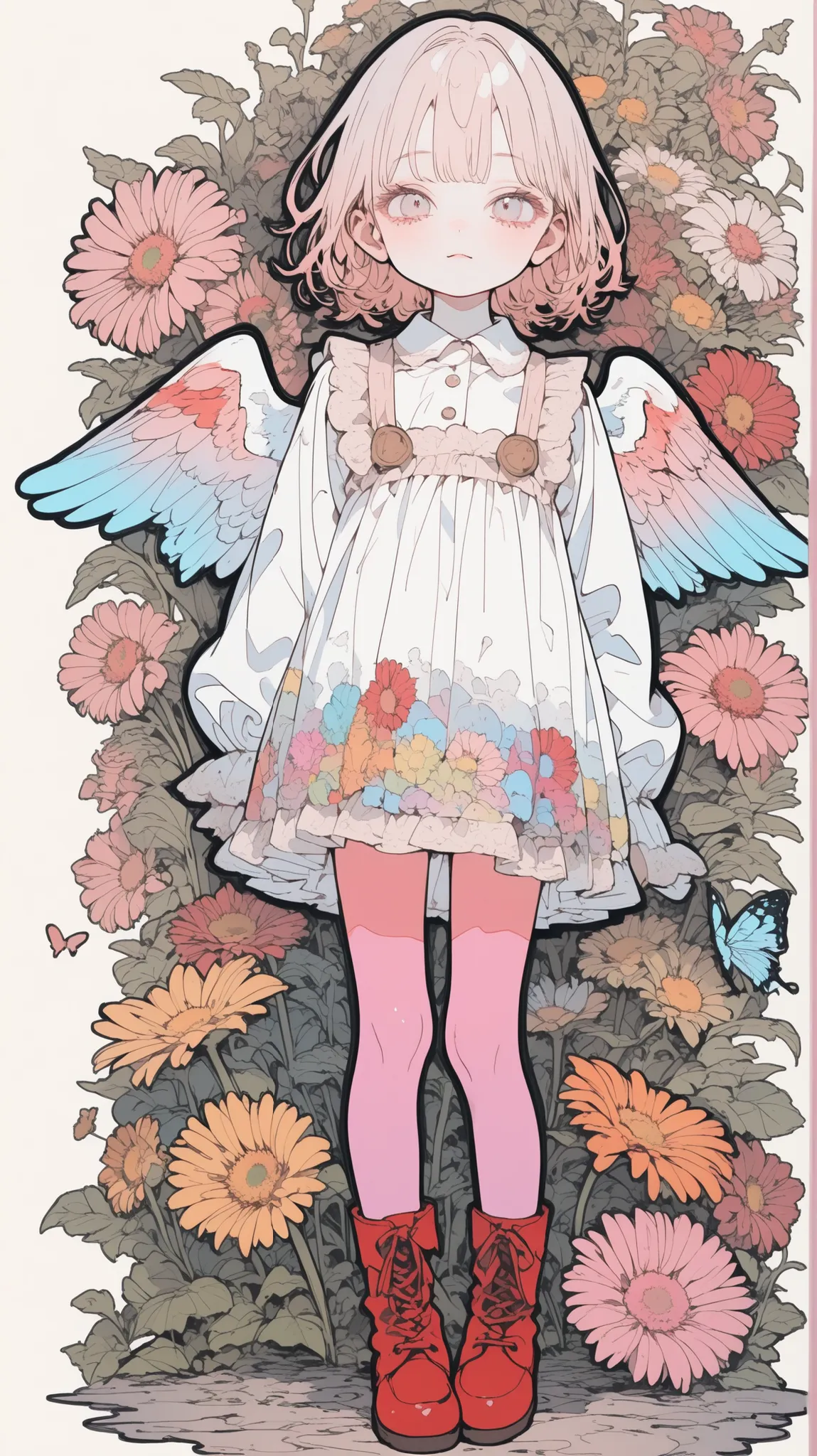 大きなgerberaを持って、gerbera、angel, wing、detailed face、thin, long legged kindergarten child,Butterflies on background,burnt feathers and ash、little boy who is cm tall、pink tights、red boots, colorful、Psychedelic、more about ultra-fine ink,  Draw with a single line...