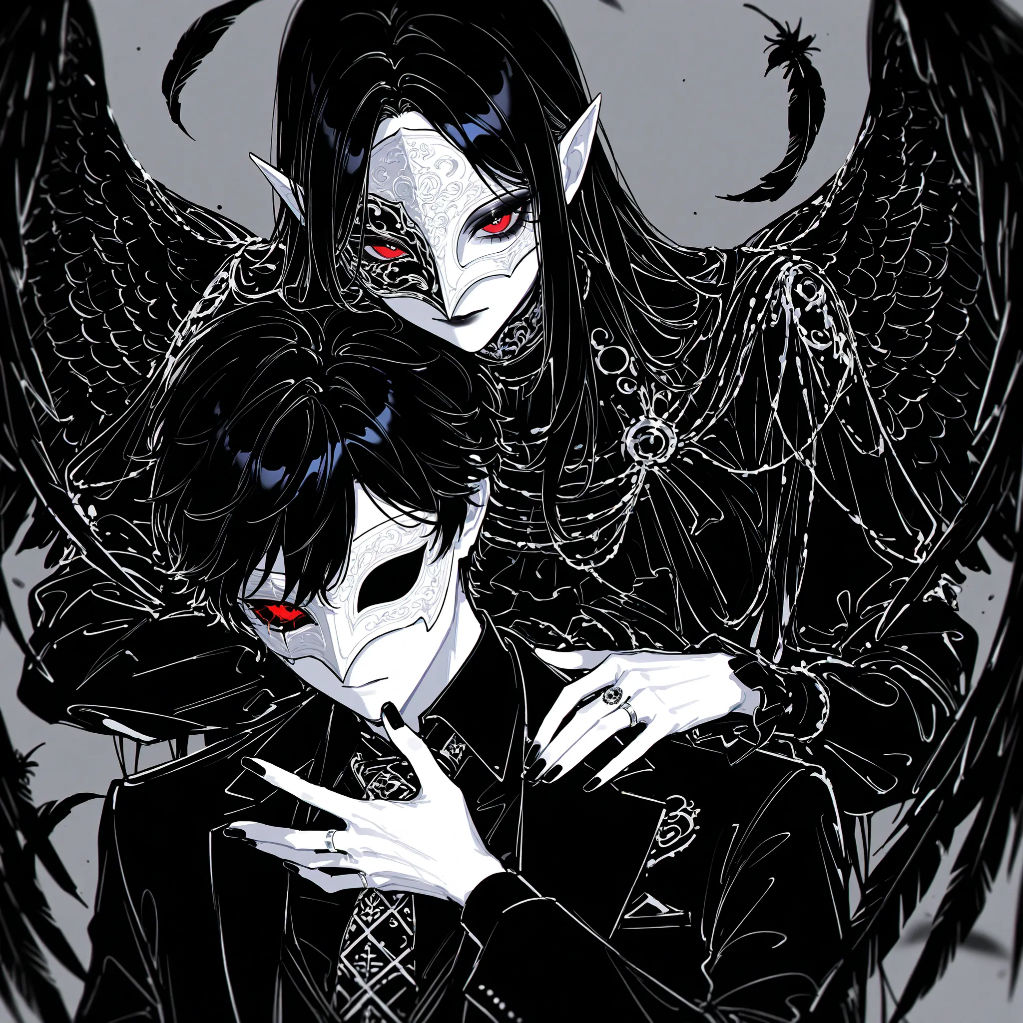 (white mask,xxx667_illu,) The crow beastman (MALE CHARACTER WITH MALE BODY TYPE). The tall mighty MIDDLE AGE MAN broad-shouldered with masculine features. He has white skin. He has dark makeup on his face in the form of a stripe in the eye area.  He has sh...