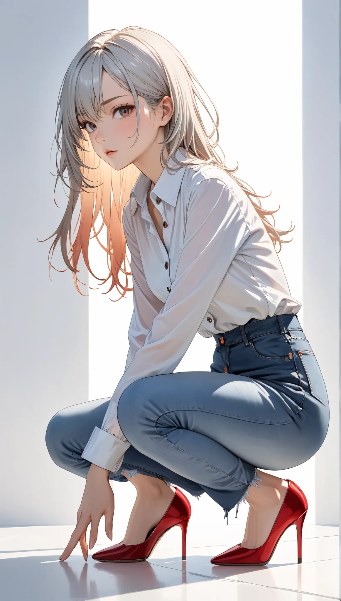 A completely anatomically correct full body portrait of a young Japanese woman squatting in heels around her waist. Gradient light and transparent hair, wolf cut hair, Thin waist, slightly larger hips. Slightly longer legs. White long sleeve dress shirt. T...