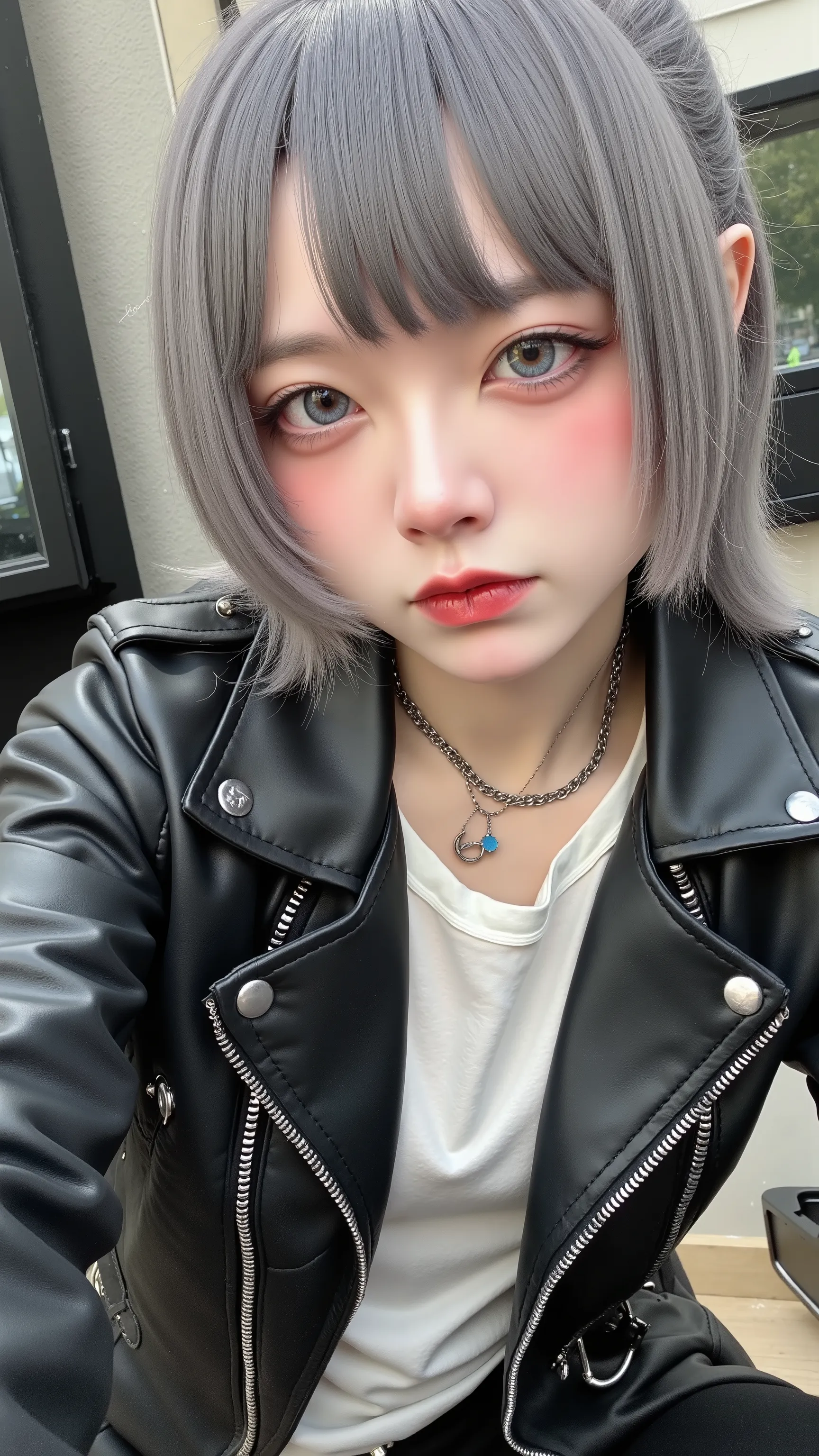 (scoundrel criminal elementary school student ,  riders jacket, gray hair, pile yellow eyes showing the vagina in detail,  tattoo earring chain )
