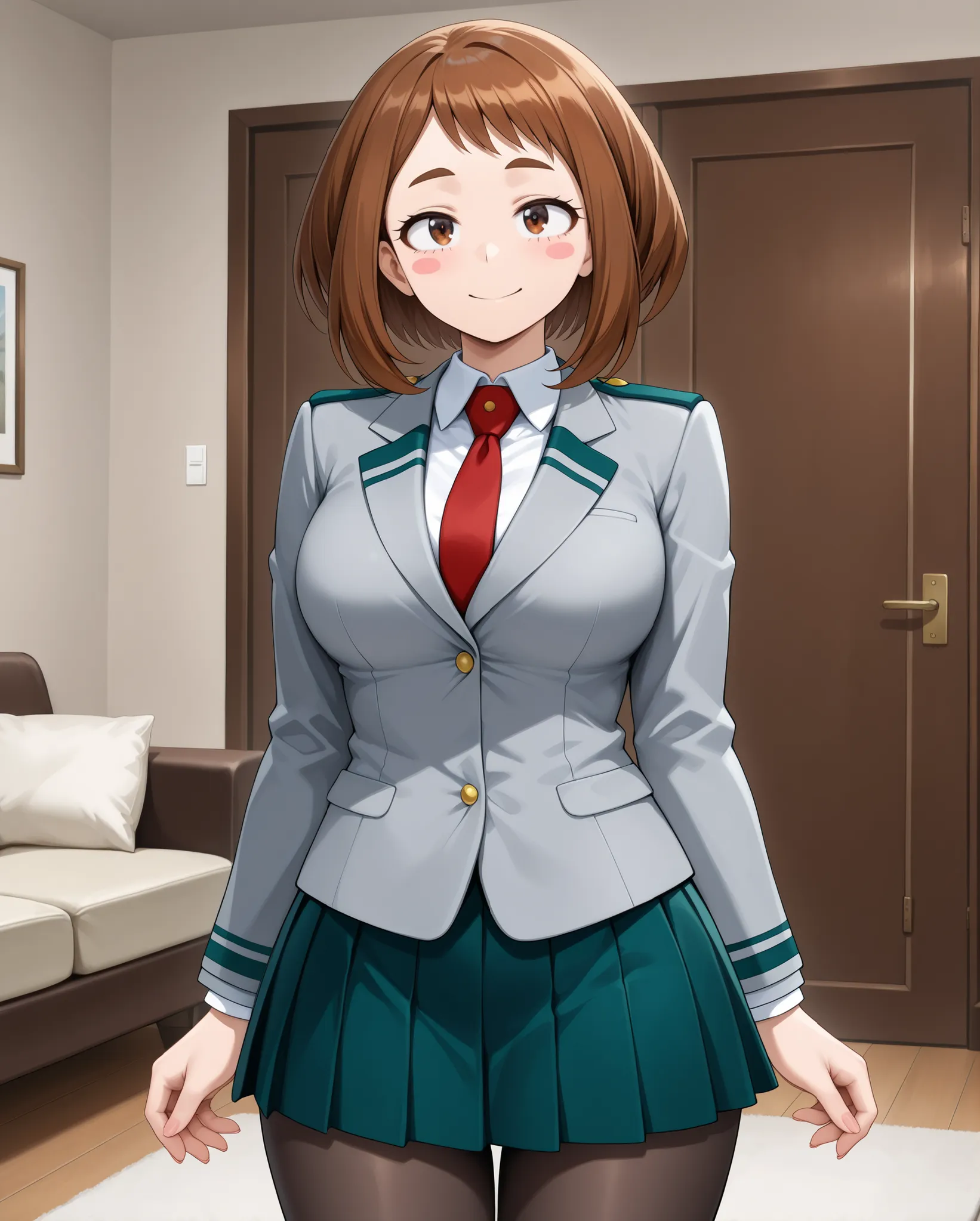 (happy, open eyes, eyes wide open, 
standing, standing straight, front view, cowboy shot, head, thighs,) large breasts, 

	Ochako Uraraka \My hero academia\, 
brown hair, brown eyes, short hair, blush stickers, medium breasts, 

u.a. school uniform, 
grey ...
