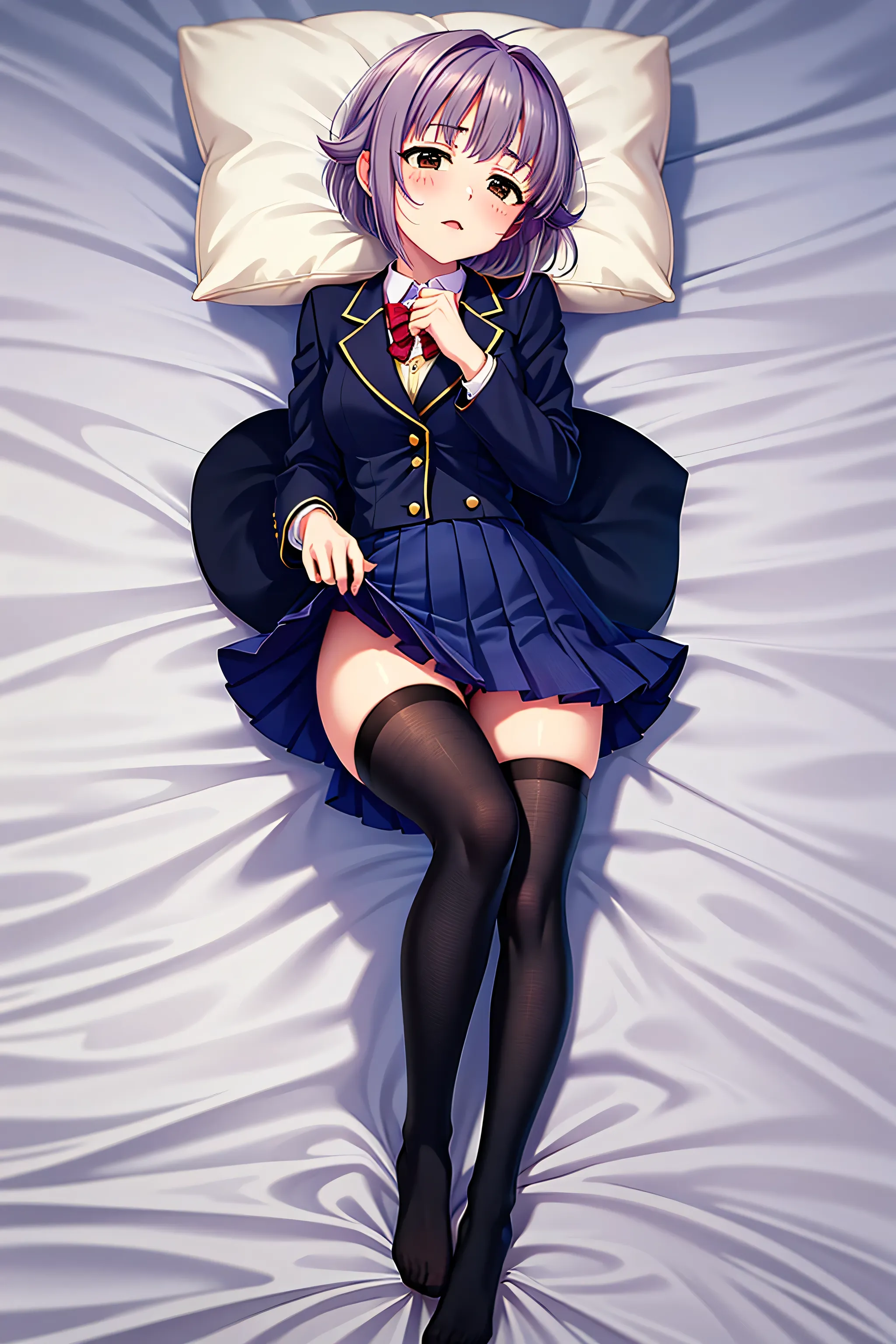 1girl, Koshimizu Sachiko, light purple hair, brown eyes, school uniform, black tights, blazer after face, miniskirt, white sheets, Lie on your back, Full Body, Seducing Men, Embarrassing, Red cheeks, High Waist, long legs