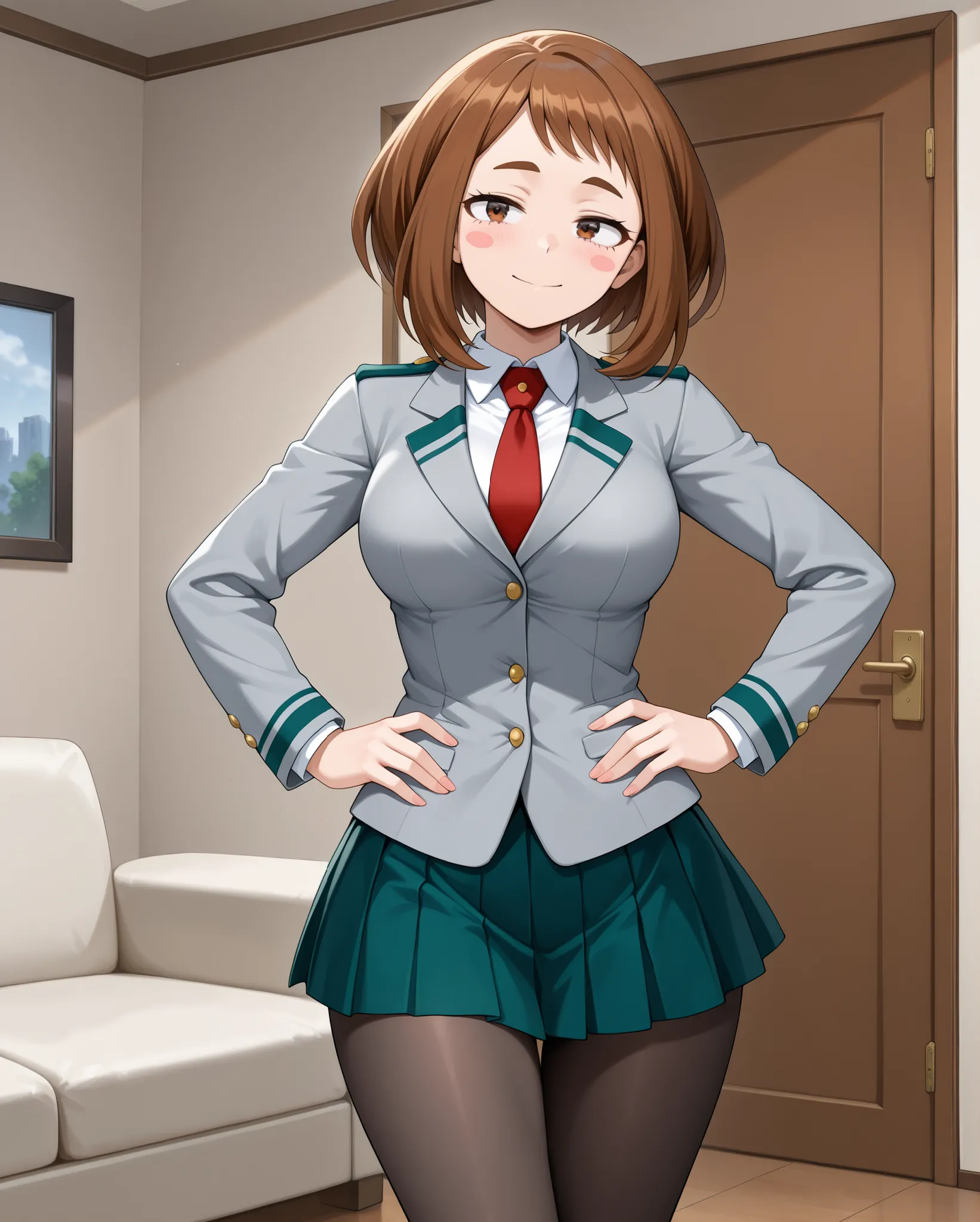 (horny, open eyes, seductive expression, 
hands on hips, standing, standing straight, front view, cowboy shot, head, thighs,) large breasts, 

	Ochako Uraraka \My hero academia\, 
brown hair, brown eyes, short hair, blush stickers, medium breasts, 

u.a. s...