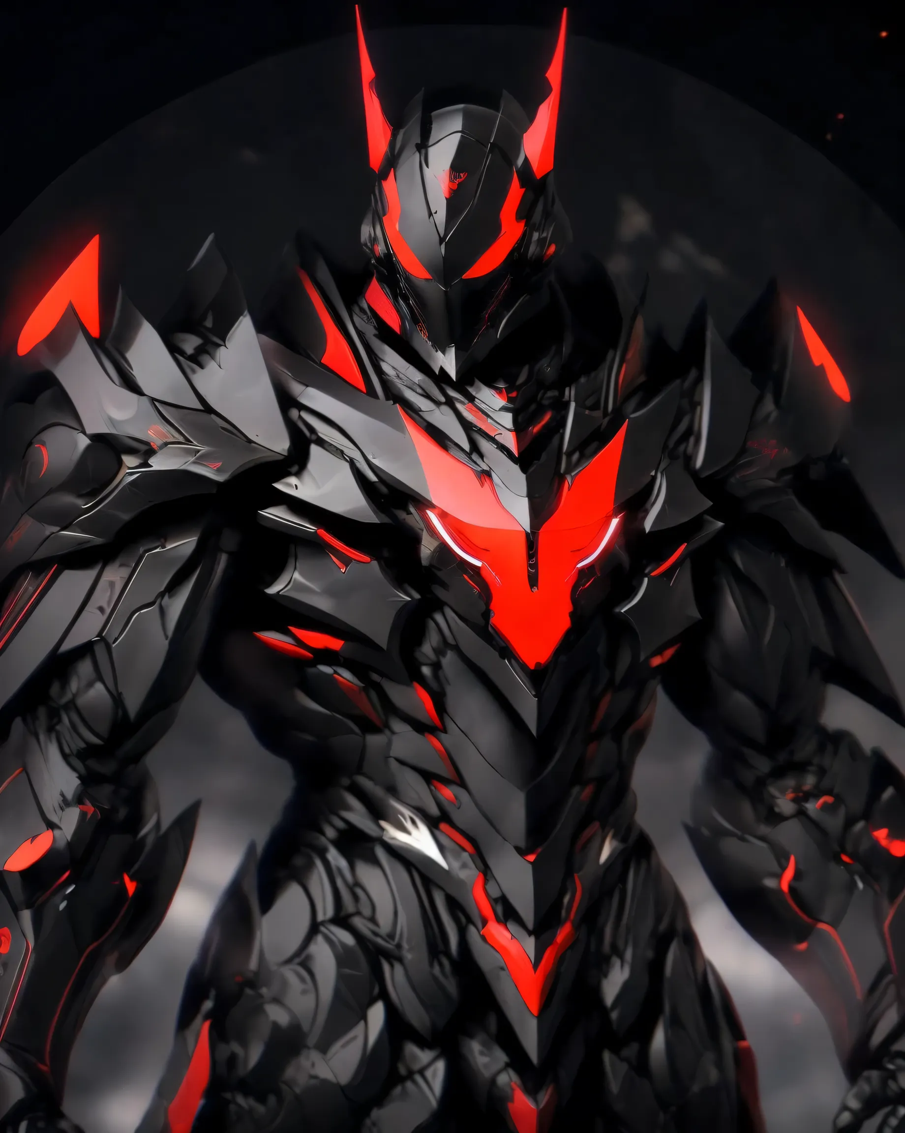 a close up of a person in a suit of armor,has a red light, black and  red armor, Futuristic Armor, black armor, Dark armor, black and red reflective armor, Corrupted Armor, ,  red armor,  Demon Armor , Dark Futurism, complex assassin mech armor, angular me...