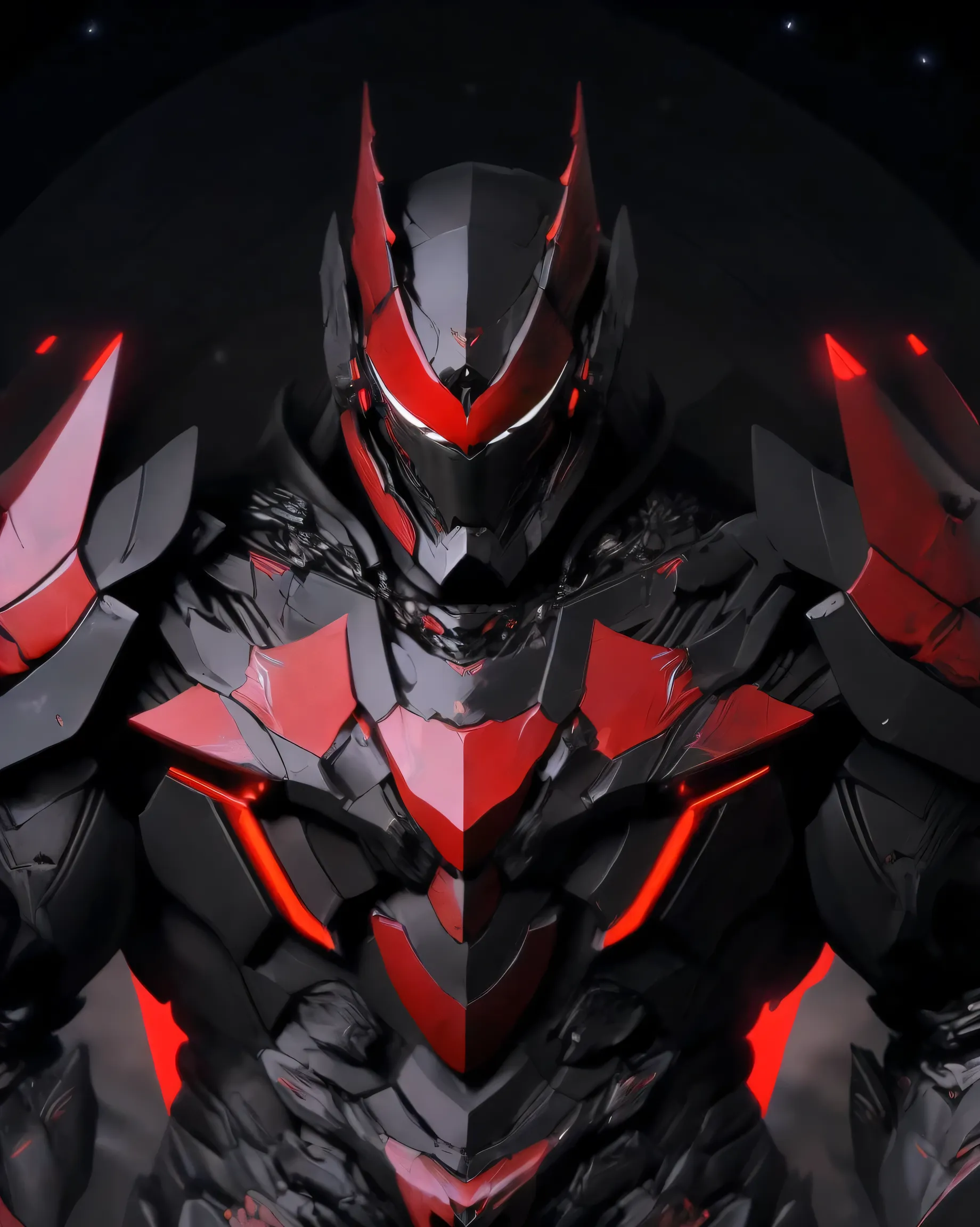 a close up of a person in a suit of armor,has a red light, black and  red armor, Futuristic Armor, black armor, Dark armor, black and red reflective armor, Corrupted Armor, ,  red armor,  Demon Armor , Dark Futurism, complex assassin mech armor, angular me...