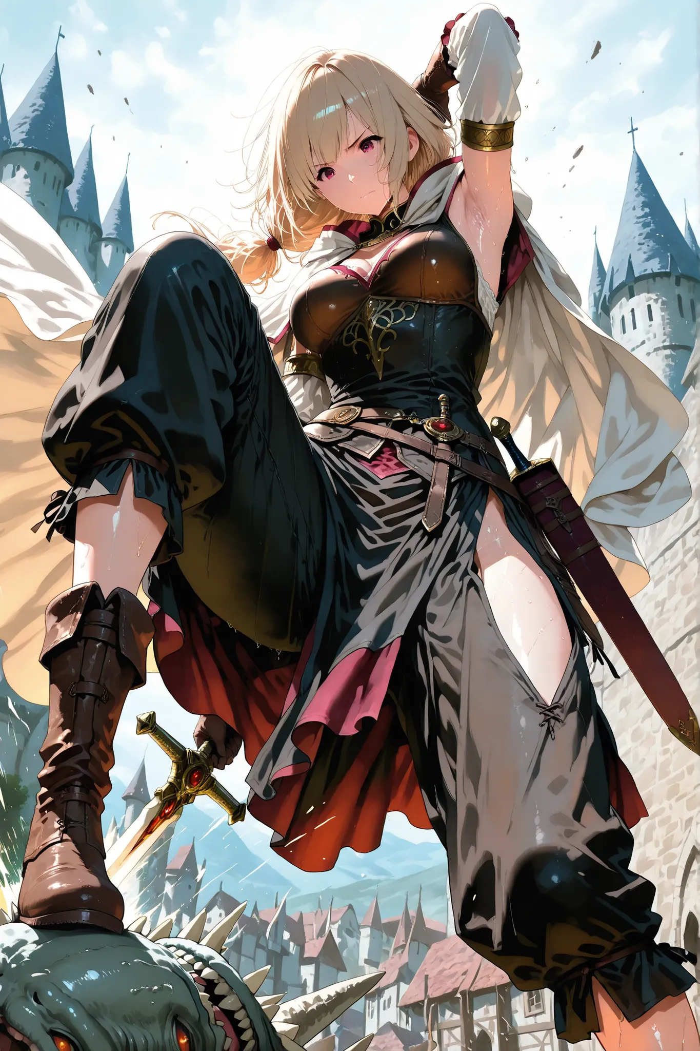 Masterpiece, 8k, fantasy world, female character, 1girl, high detailed cotton side slit black tunic, (wind blows), (wide pants), glove, boots, slender body, medium breasts, pigeon toed, white long cloak with hoodie, long hairstyle, thin blonde hair, many i...