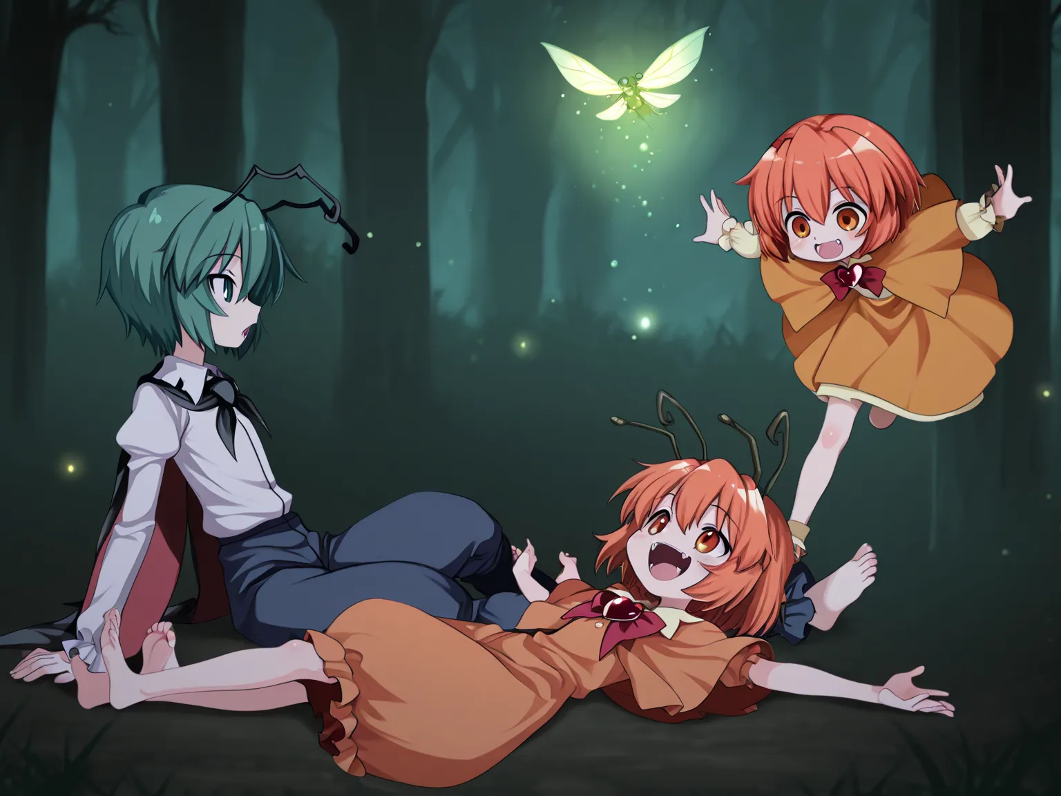 msdd2ssgl, 2girls, petite, little girl, little child, horns, short hair, orange capelet, red heart brooch, orange two-sided fabric, full body, petite, orange hair, two colored hair, yellow bangs,flat chest, shiny skin, amazing quality, best quality, newest, masterpiece, anime coloring, anime screencap, open mouth, fangs, happy, orange eyes, arms extended on back, flying forward, orange dress, from side, feet, dark forest, firefly, ,, ,wriggle nightbug, flying on side other girl