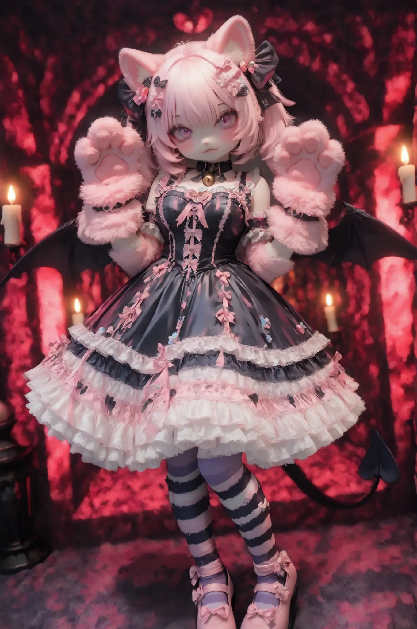 (,strong perspective),Super cute cat devil girl with red inner ears and pink bow decoration,devil woman,devil's black wings and tail,,furry Suits large expressive anime-style eyes on the costume head, fluffy pink  fur gloves with pink paw pads,( elaborate ...