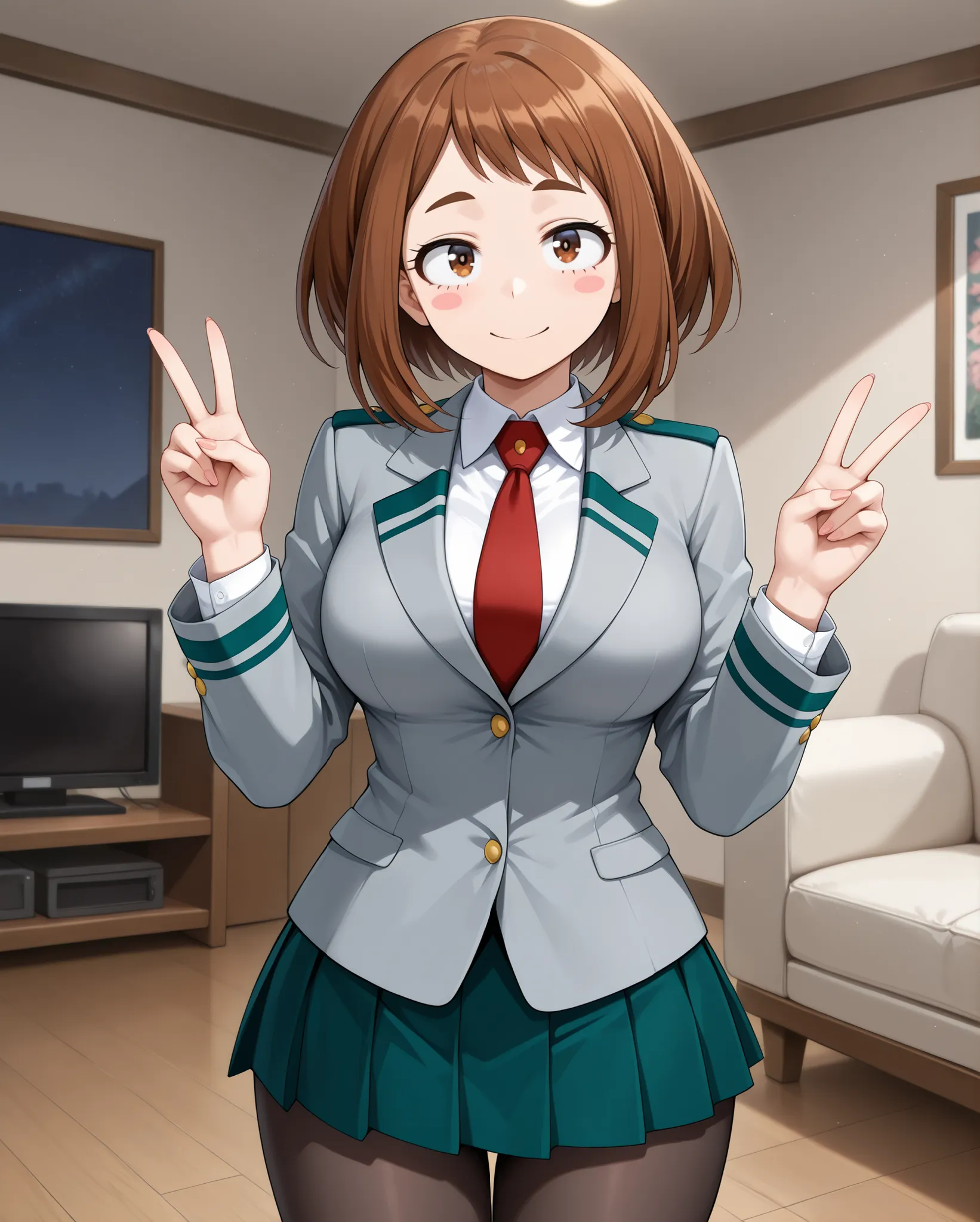 (horny, open eyes, eyes wide open,  
peace sign, standing, standing straight, behind view, cowboy shot, head, thighs,) large breasts, 

	Ochako Uraraka \My hero academia\, 
brown hair, brown eyes, short hair, blush stickers, medium breasts, 

u.a. school u...