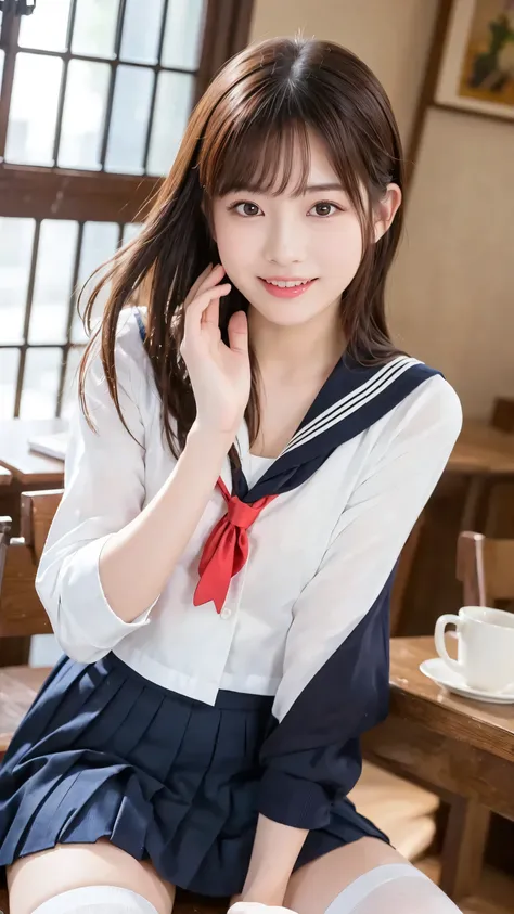 ((masterpiece)), (( top quality)), ( details), (( 非常にdetailsな)), 4K, (8k),  top quality, (  beautiful ),  anime style ,  upper body,  focus on the whole body,  in the classroom ,  cute woman,  1 woman 、  beautiful  mature woman, Alone, ( sailor suit 、 plea...