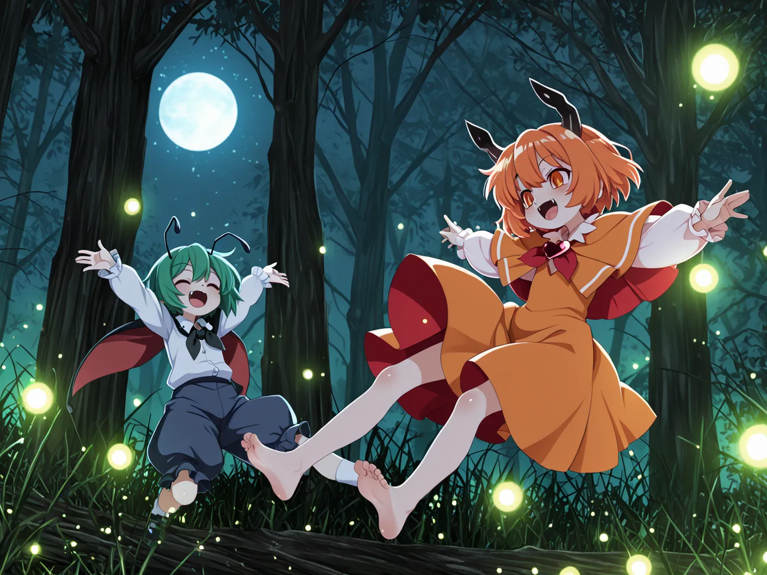msdd2ssgl, 2girls, petite, little girl, little child, horns, short hair, orange capelet, red heart brooch, orange two-sided fabric, full body, petite, orange hair, two colored hair, yellow bangs,flat chest, shiny skin, amazing quality, best quality, newest, masterpiece, anime coloring, anime screencap, open mouth, fangs, happy, orange eyes, arms extended on back, flying forward, orange dress, from side, feet, dark forest, firefly, ,, ,wriggle nightbug, flying by side other girl, both girls looking a far firefly, dark sky, moon 