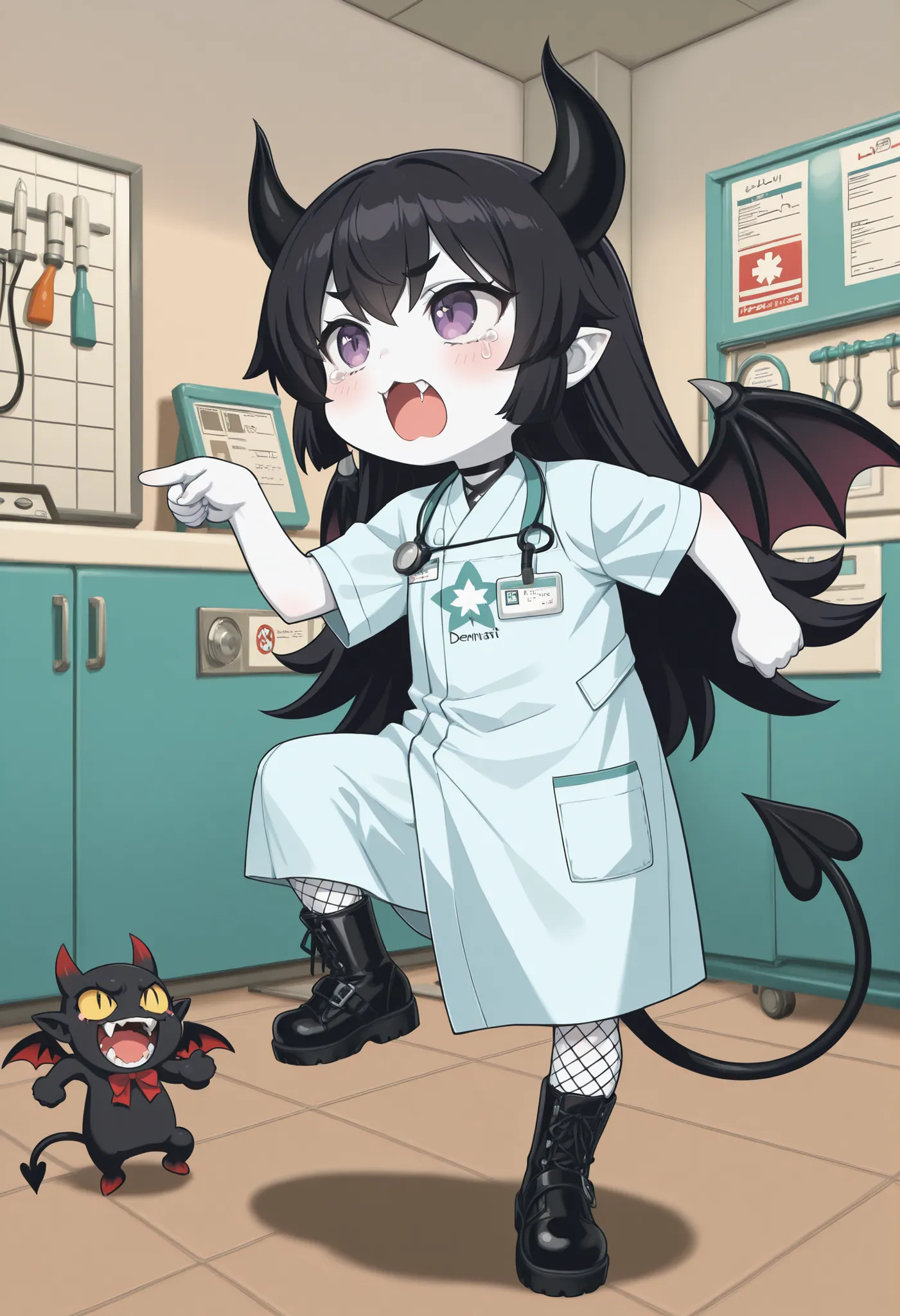 かわいいcatの, genba _cat,chibi, Pointing, standing on one leg, :3, open mouth, meme,  parody in hin, (masterpiece:1.3), 8K, best quality, ultra high resolution, (wide open mouth), (Little devil with open mouth:1.3), (Dentist examining teeth:1.3), (blood comes ...