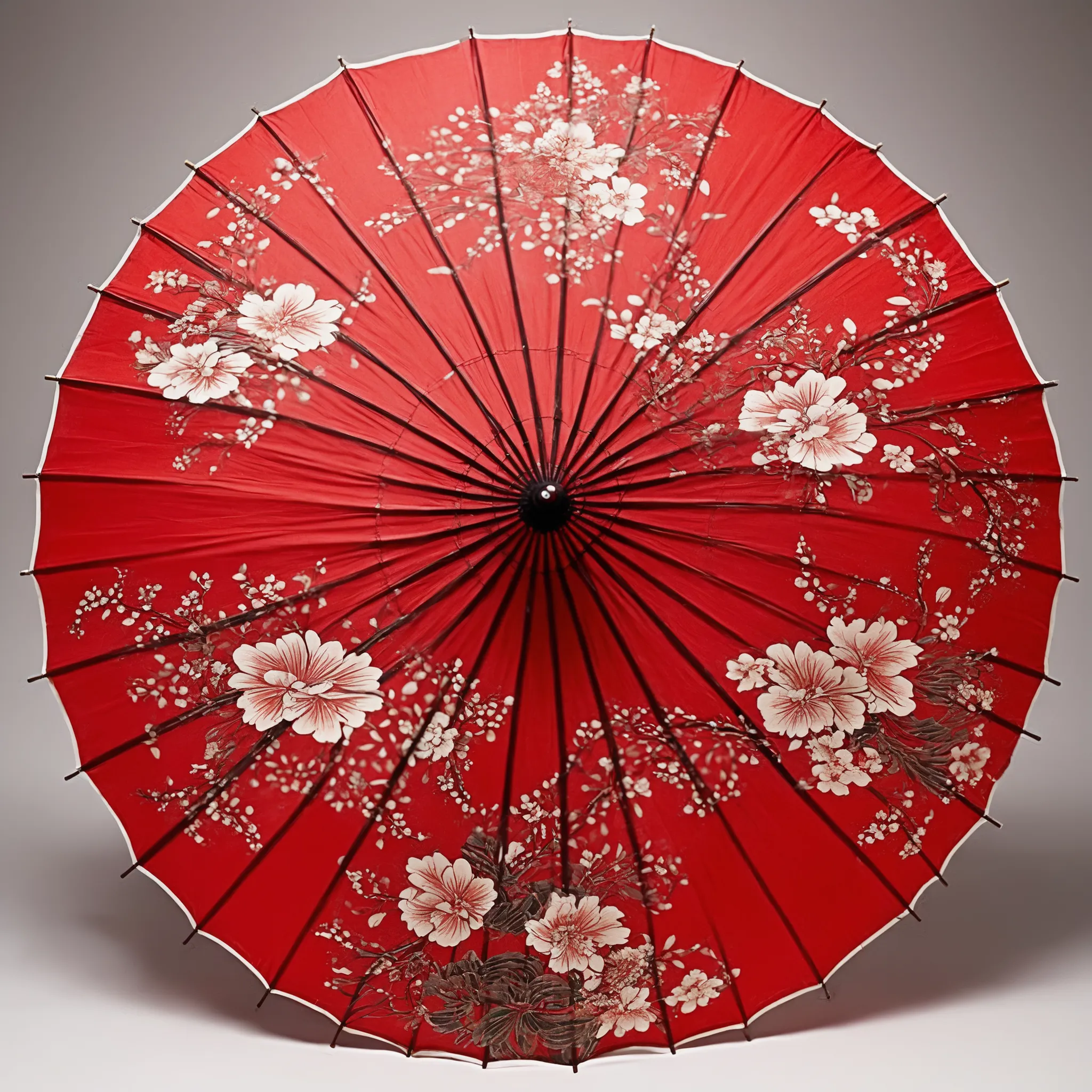 A bright red paper parasol。, viewed from above, dominating the image. The circles are intricately separated by dark colors、, Thin ribs that radiate outward from the central black hub、, creates a pleasant symmetry、. The surface of the parasol is delicate wh...