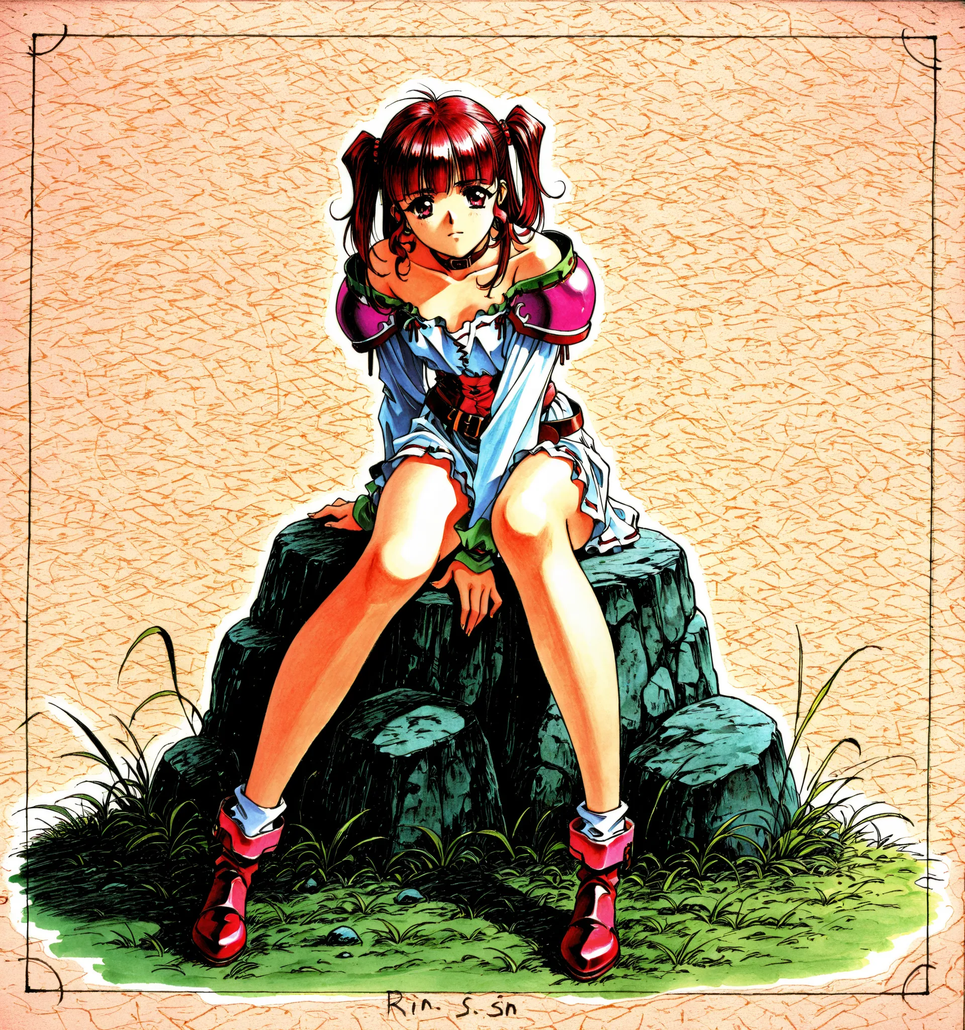 Persia,ペルシャ, Skinny body ,Fair skin, a young girl ,14 Years Old, solo, Droopy eyes, flat chest, Narrow shoulders ,beautiful girl, delicate, Bright Red heir, Thin thighs,Thin legs, Inner thighs, dark brown collar, Unbalance Two Side Up hairstyle, ツーサイドアップヘア...