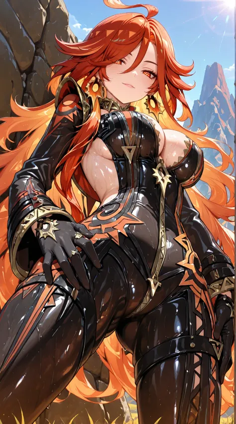 SOLO,A female,mavuika \(genshin impact\),symbol-shaped pupils, red eyes, large breasts, red hair, long hair, jewelry, earrings, choker, zipper, bodysuit, clothing cutout, cleavage, black gloves, long sleeves,High heels,(Lowerboob),Seductive smile,slim body...