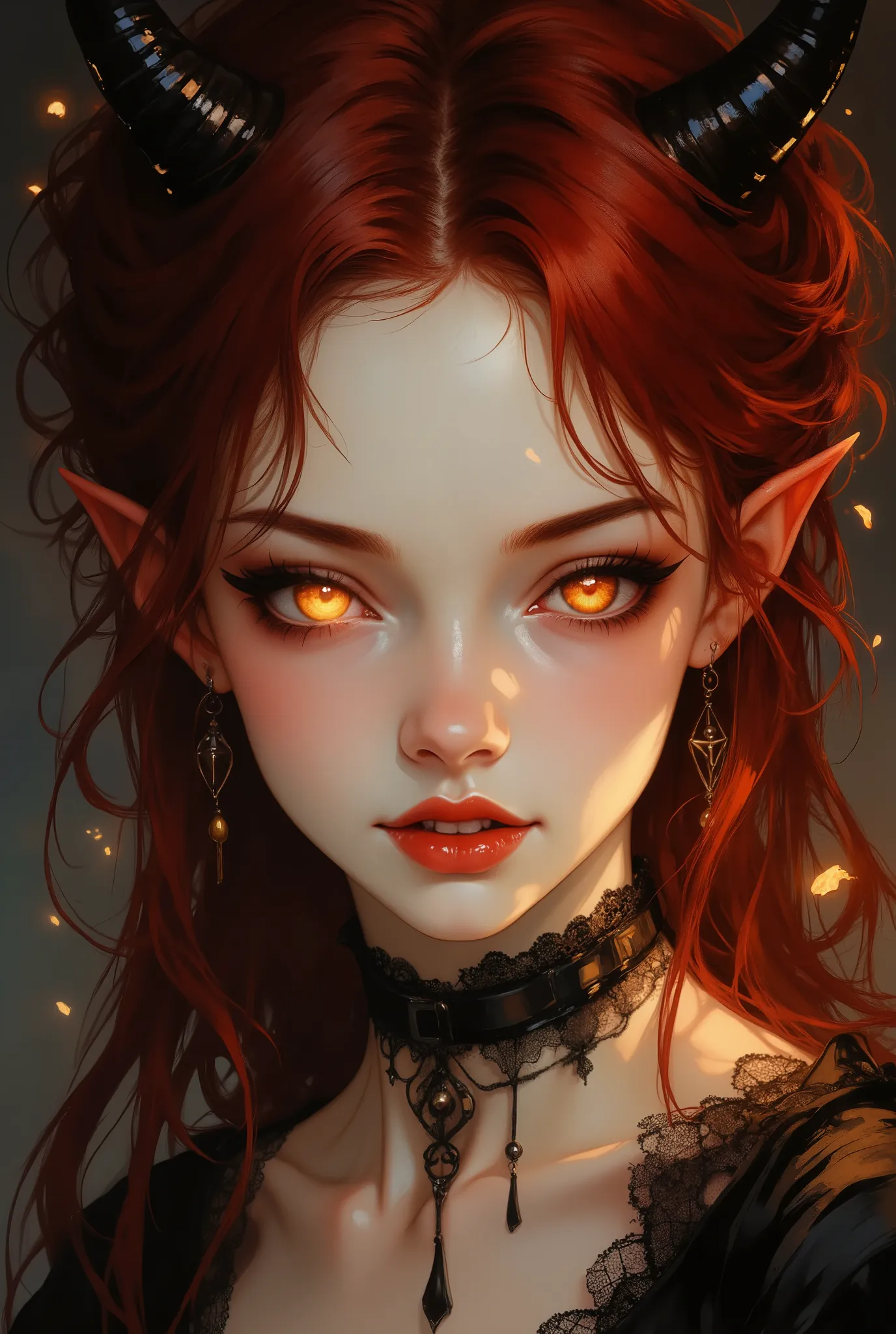 A masterpiece, an over-detailed, hyper-realistic oil painting, a close-up portrait of a mischievous teenage girl-devil in the aesthetics of Gothic horror. Her porcelain-pale face contrasts with her burning golden-yellow eyes, the slits of the pupils of whi...