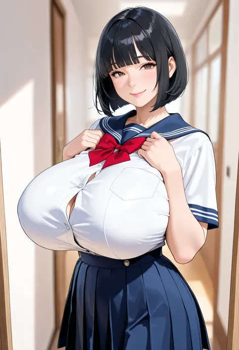 (masterpiece, details, top quality, 8K, [realistic], absurd:1.2), Japanese Women, 1 high school girl, Beautiful Character Designs, Plain face, (black hair, middle hair, bob cut, blunt bangs),  美しくdetailsな目の描写, Expressive Eyes, brown eyes, Japanese woman wh...