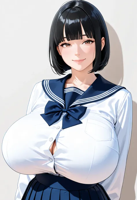 (masterpiece, details, top quality, 8K, [realistic], absurd:1.2), Japanese Women, 1 high school girl, Beautiful Character Designs, Plain face, (black hair, middle hair, bob cut, blunt bangs),  美しくdetailsな目の描写, Expressive Eyes, brown eyes, Japanese woman wh...