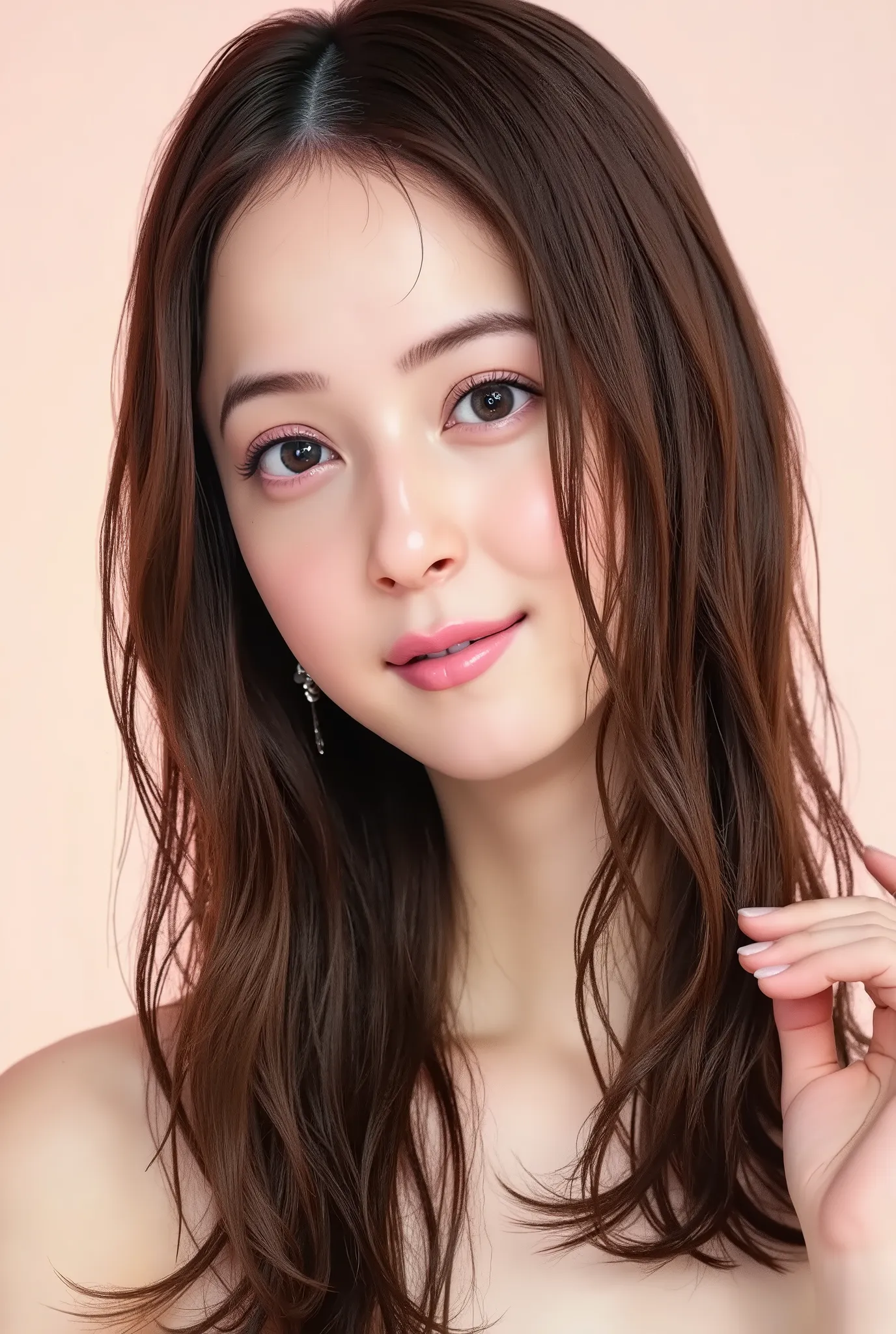Nozomi sasaki with long black and brown hair cascading freely over her shoulders, enhancing the seductive allure of her presence. large nude breasts, very deep cleavage, erect nipples, big hips, thick pubic hair, full bush. Nozomi washing herself fully nud...