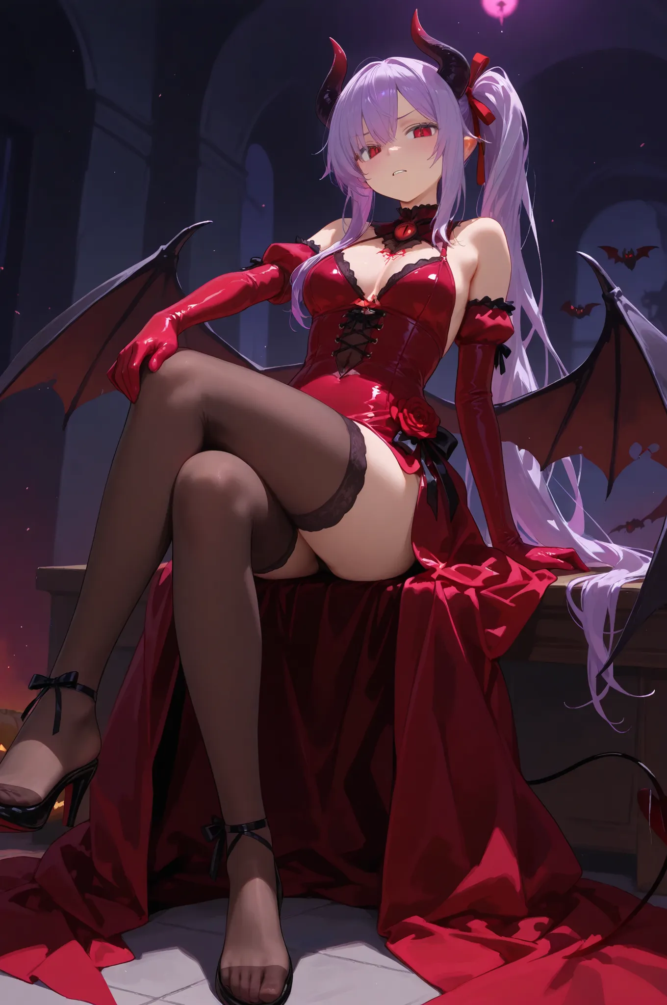 FEET CROSSED, FULLBODY, LONG DRESS, A threatening demon. It has twisted goat horns on its head and bat wings growing from its back. Very cute. Red outfit. Slightly purple hair. Side ponytail. ribbon